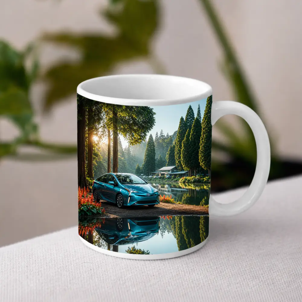 Toyota Prius Parked By Serene Forest Lake – Mugs