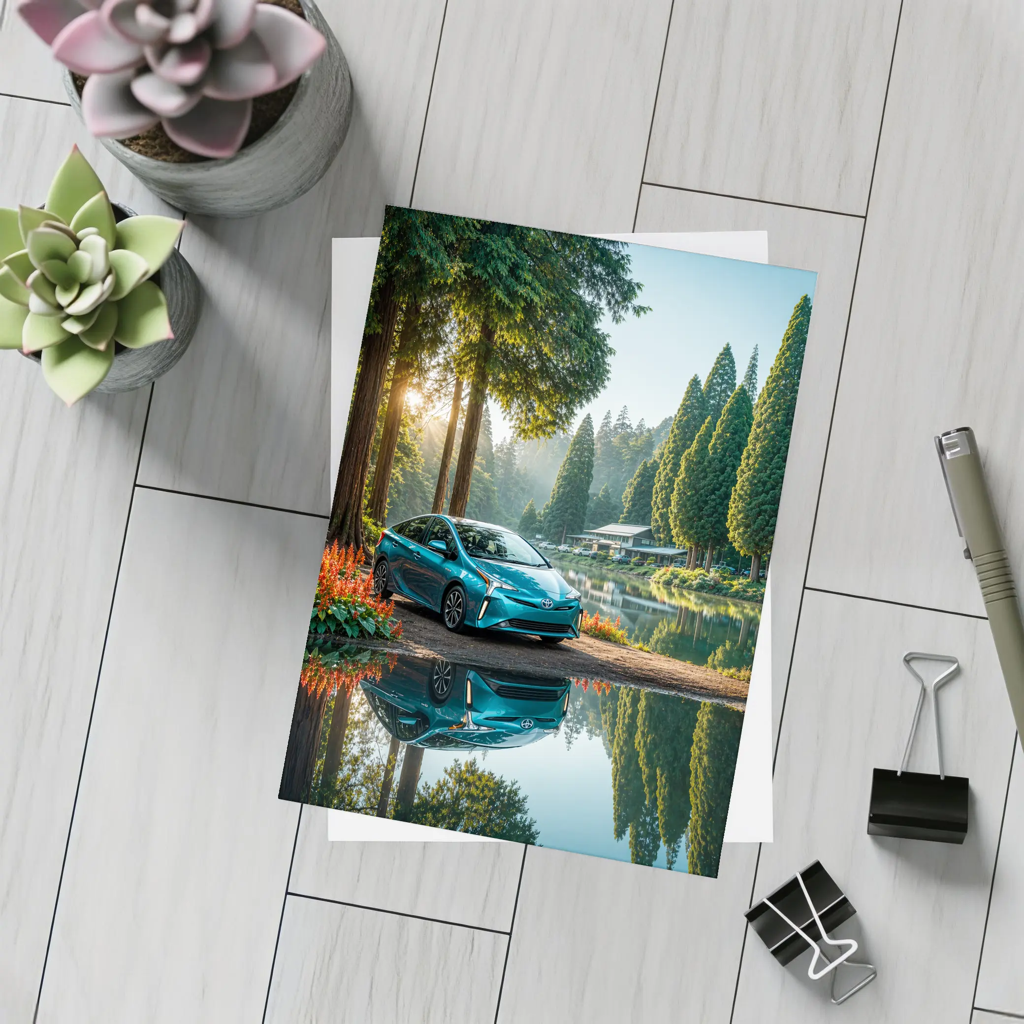 Toyota Prius Parked By Serene Forest Lake – Postcards