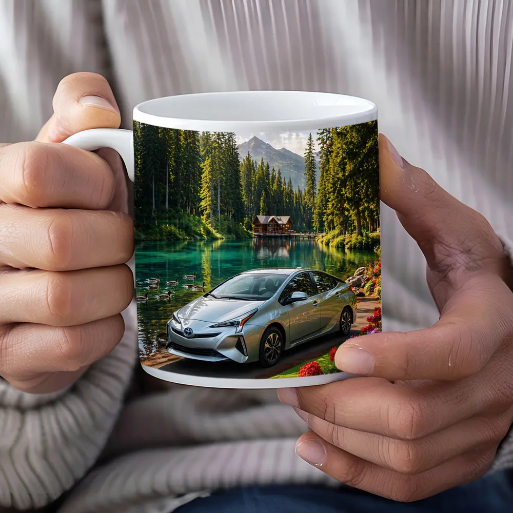 Toyota Prius Parked By Mountain Lake – Mugs