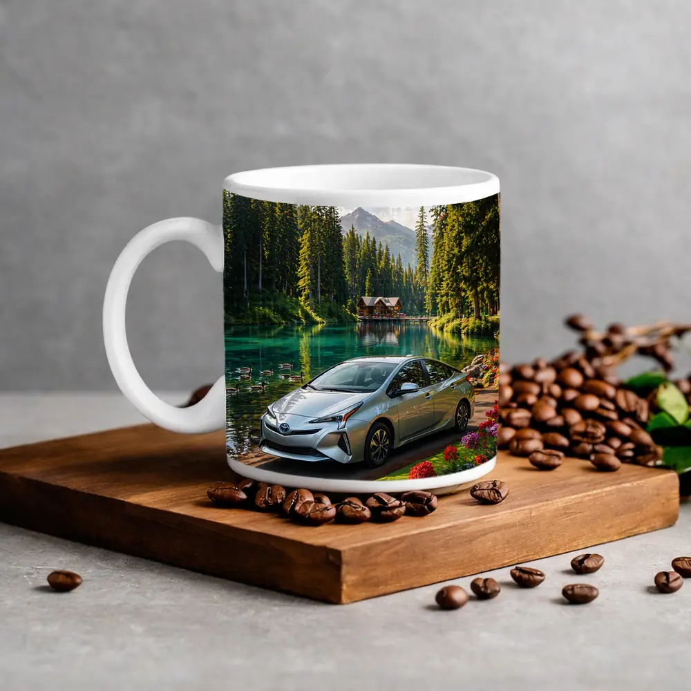 Toyota Prius Parked By Mountain Lake – Mugs