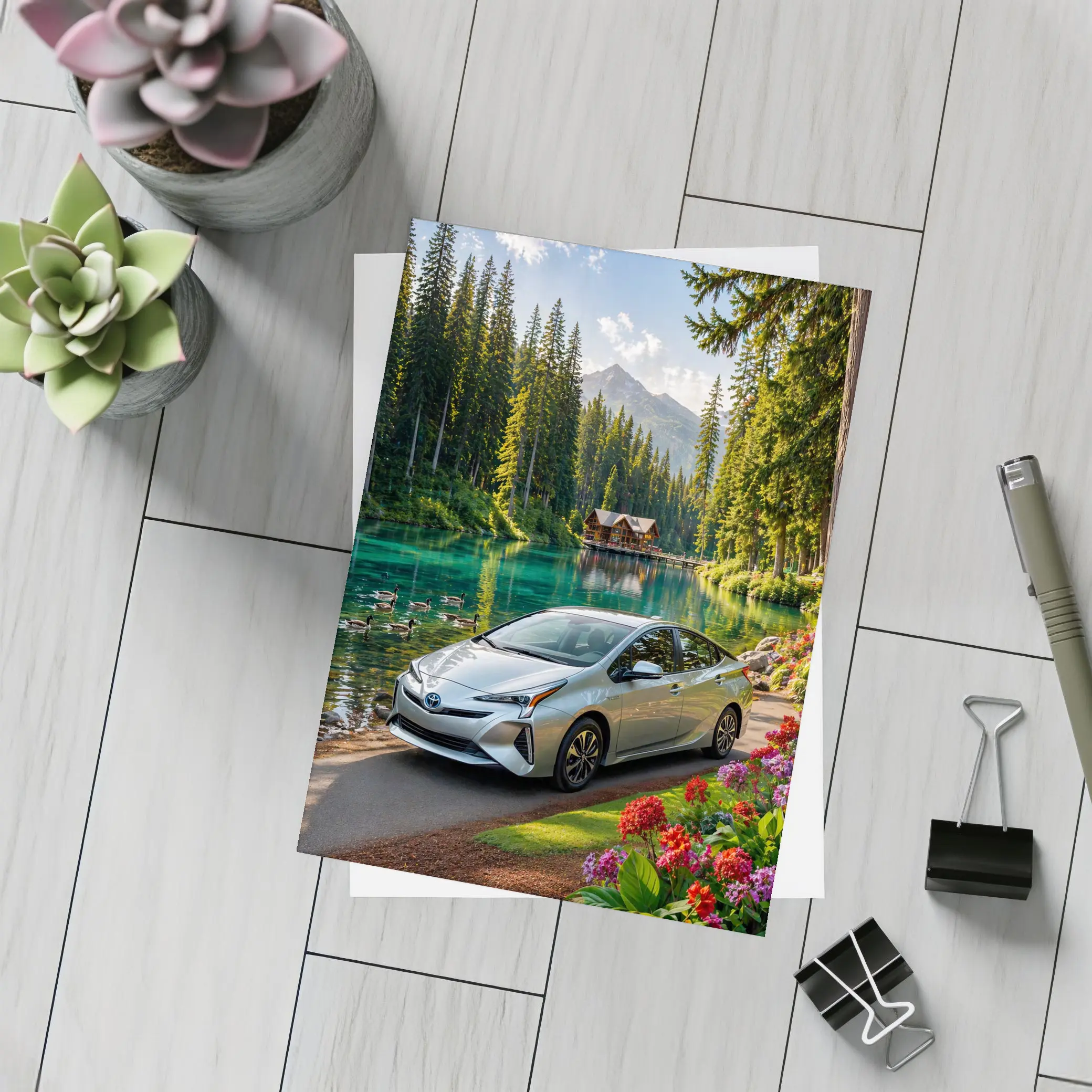 Toyota Prius Parked By Mountain Lake – Postcards