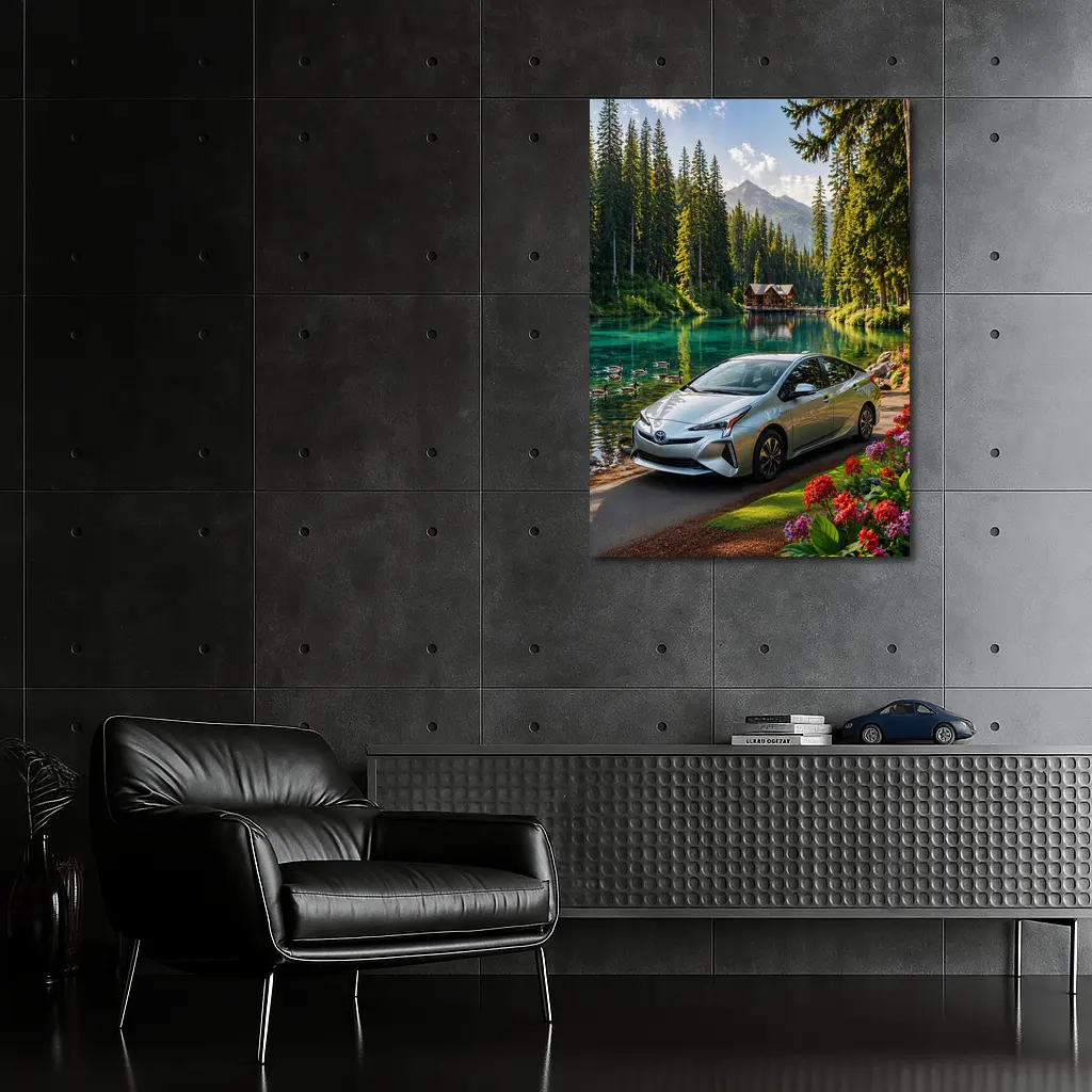 Toyota Prius Parked By Mountain Lake – Wall Art