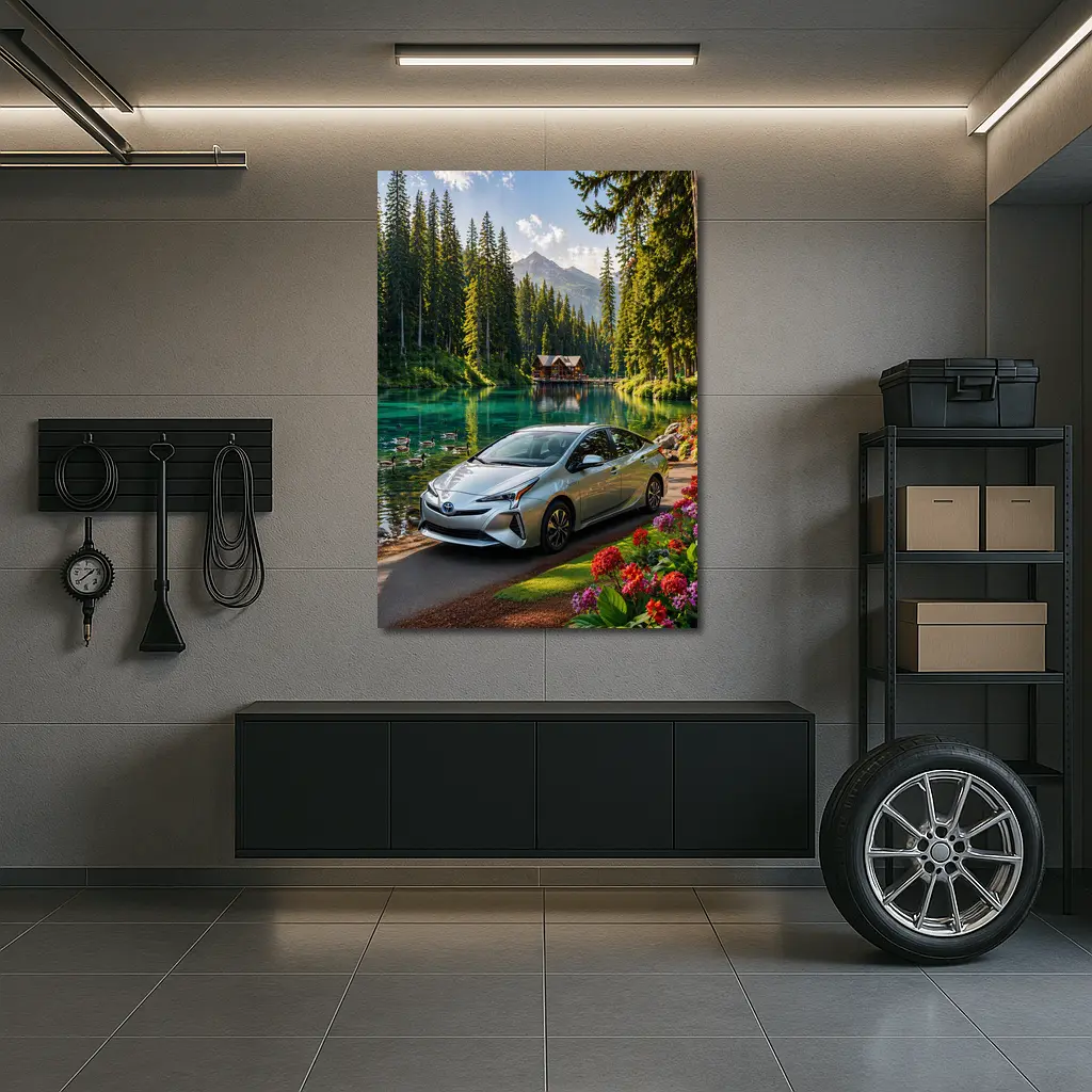 Toyota Prius Parked By Mountain Lake – Wall Art