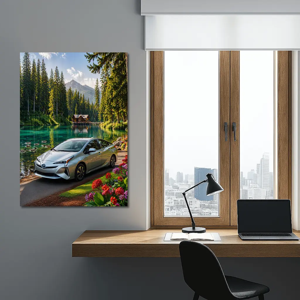 Toyota Prius Parked By Mountain Lake – Wall Art