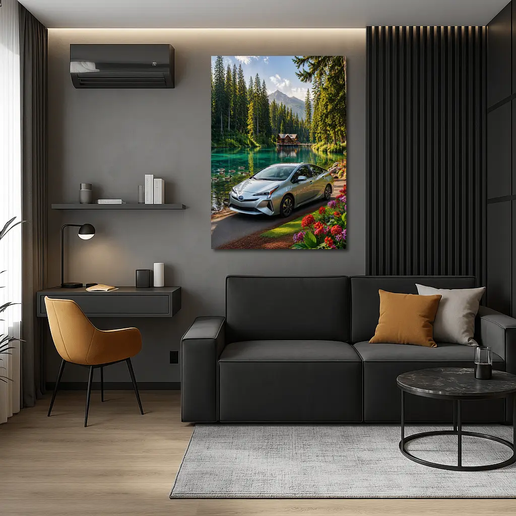 Toyota Prius Parked By Mountain Lake – Wall Art