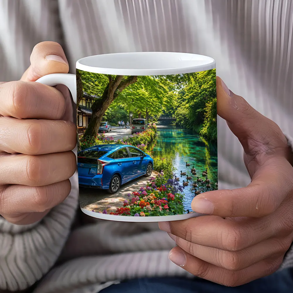 Toyota Prius Parked Along Scenic Canal – Mugs