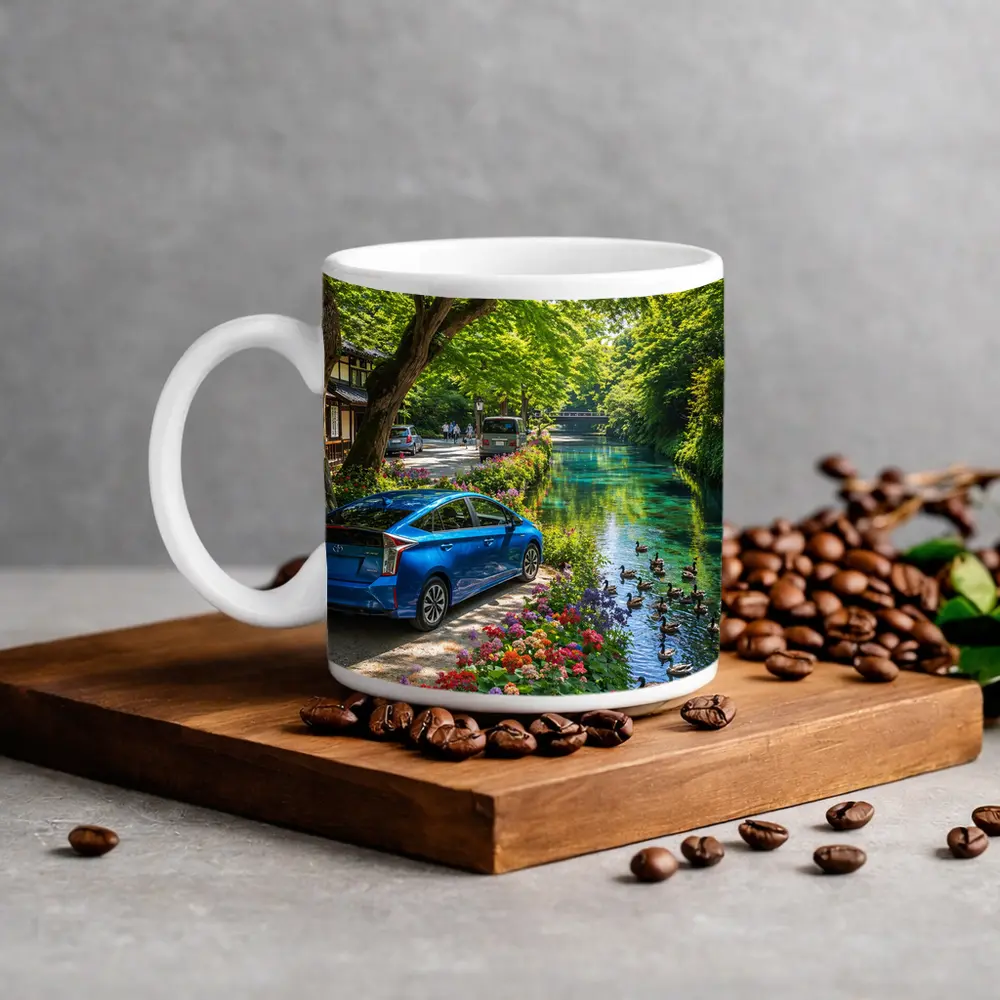 Toyota Prius Parked Along Scenic Canal – Mugs
