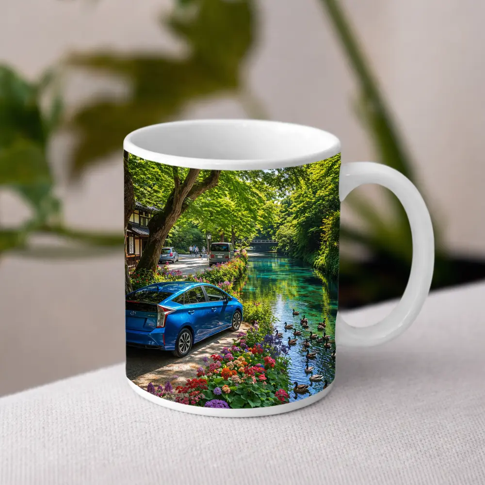 Toyota Prius Parked Along Scenic Canal – Mugs