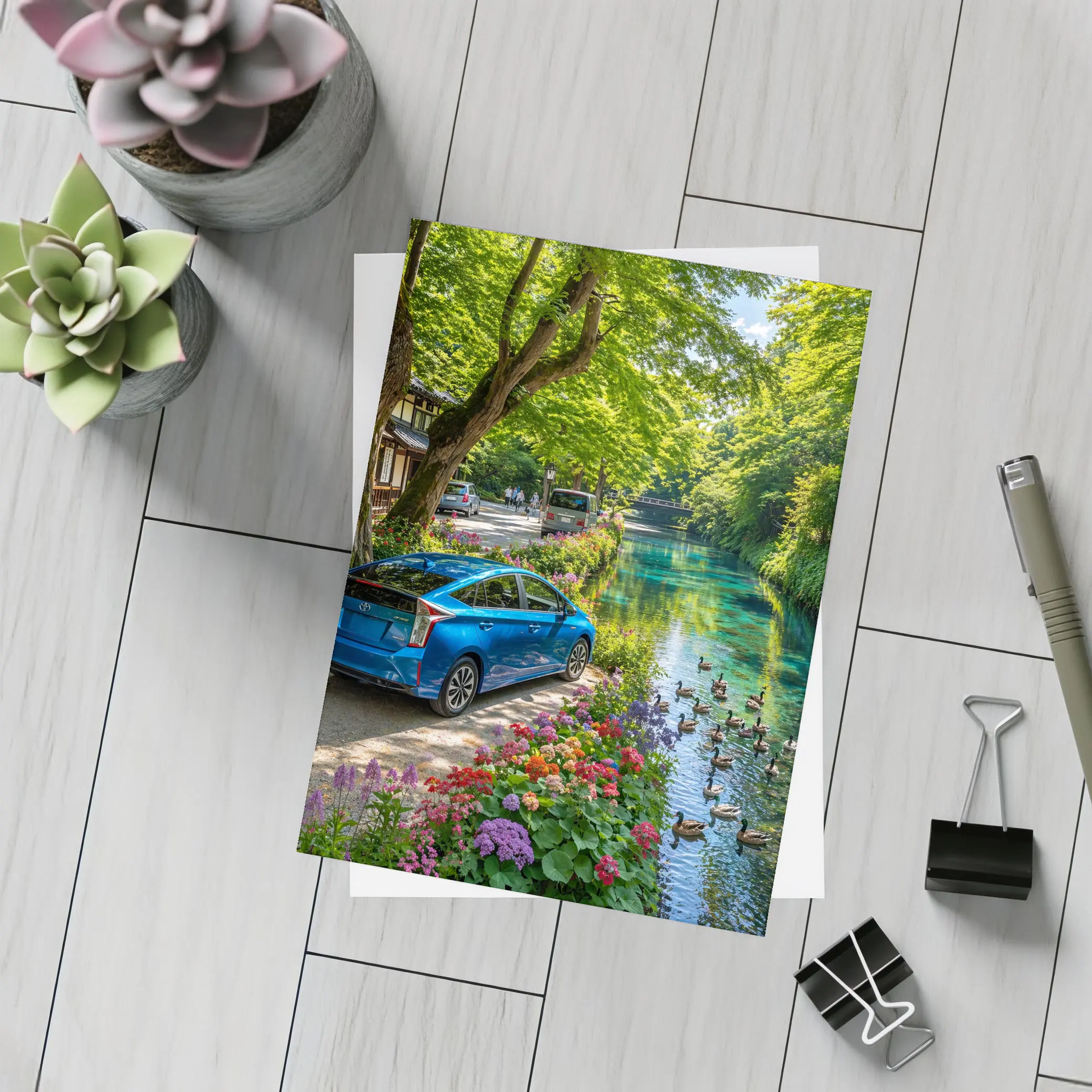 Toyota Prius Parked Along Scenic Canal – Postcards