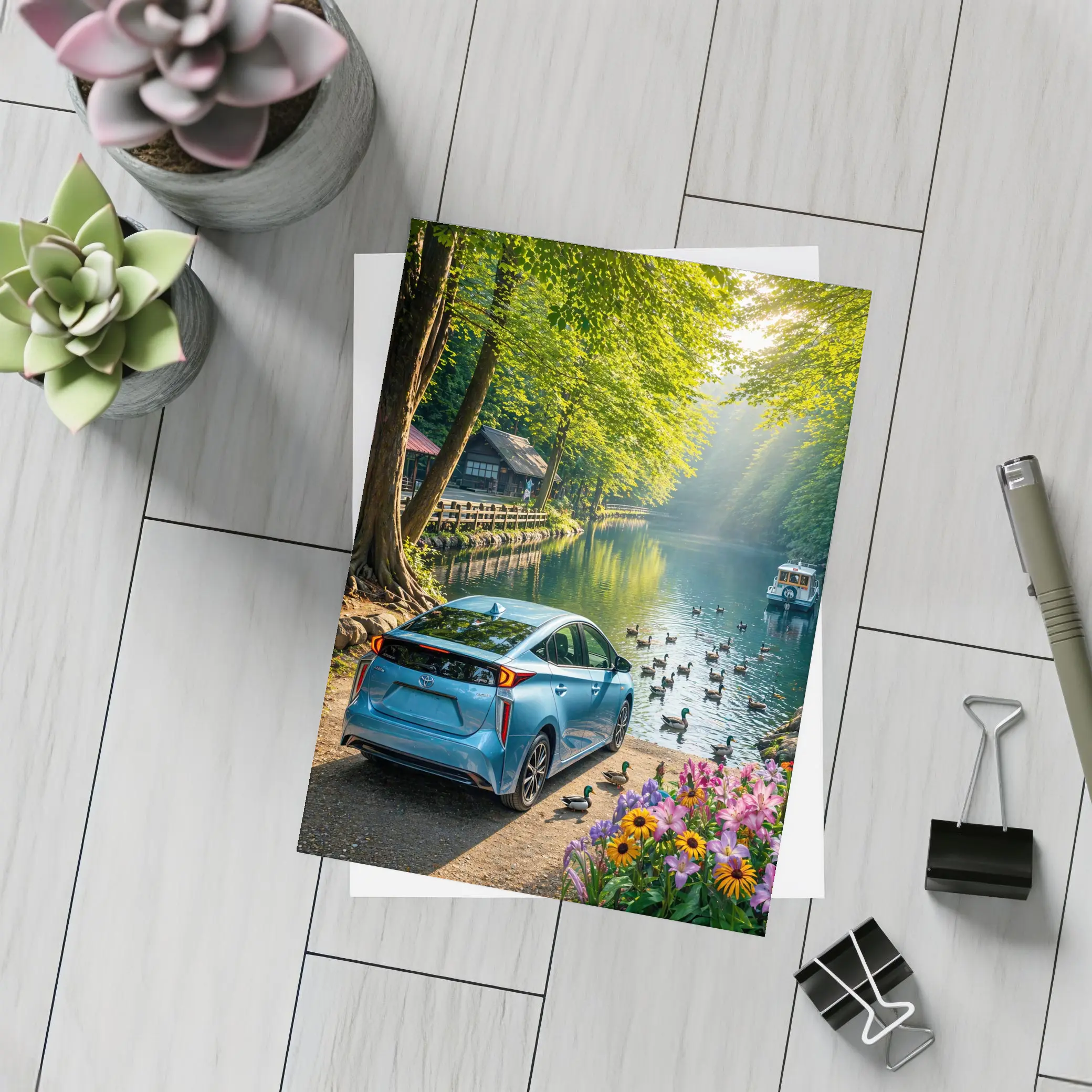 Toyota Prius Blue Parked By Forest River – Postcards