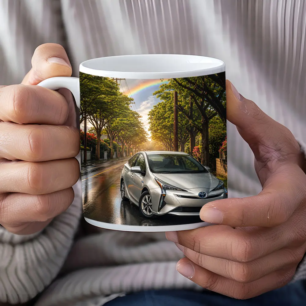Toyota Prius Silver Wet Street Rainbow Sky – Mugs