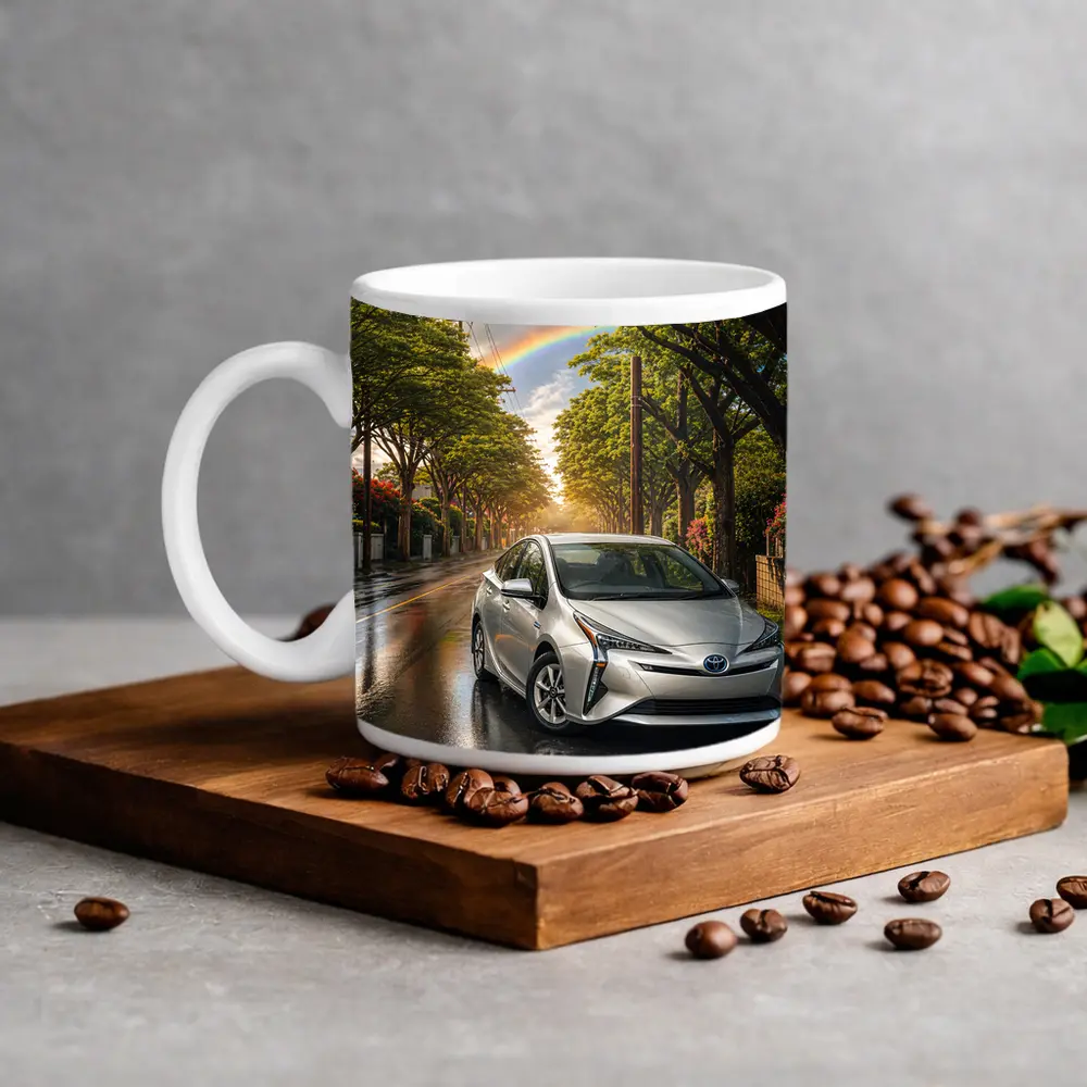 Toyota Prius Silver Wet Street Rainbow Sky – Mugs