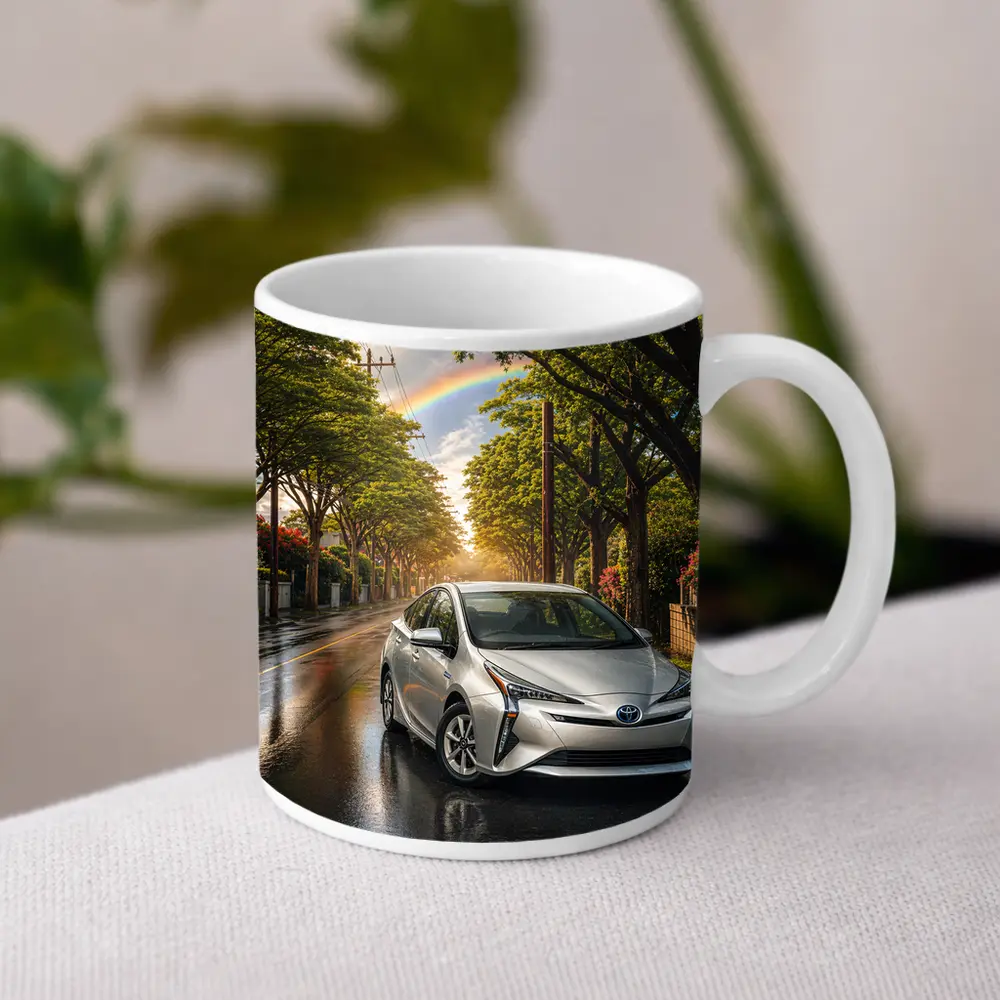Toyota Prius Silver Wet Street Rainbow Sky – Mugs