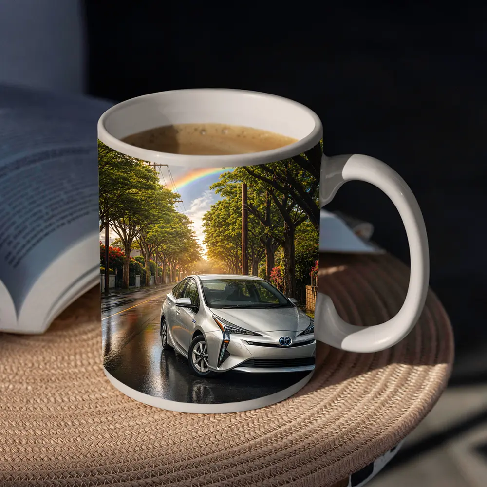 Toyota Prius Silver Wet Street Rainbow Sky – Mugs