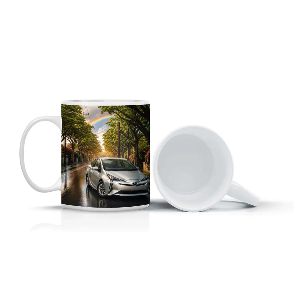 Toyota Prius Silver Wet Street Rainbow Sky – Mugs