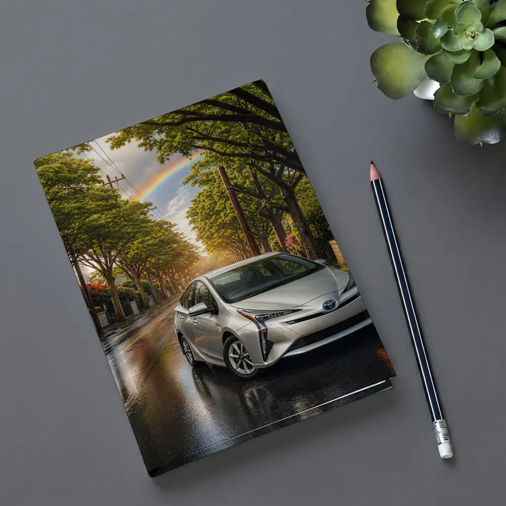 Toyota Prius Silver Wet Street Rainbow Sky – Notebooks