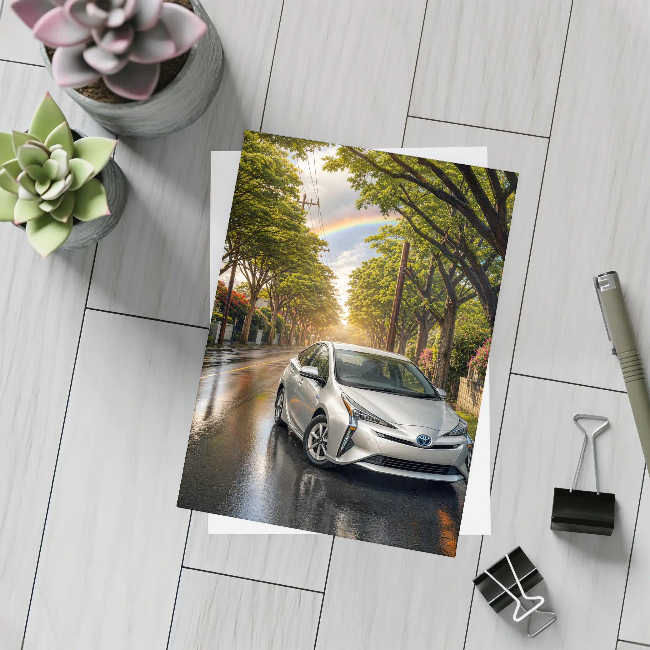 Toyota Prius Silver Wet Street Rainbow Sky – Postcards