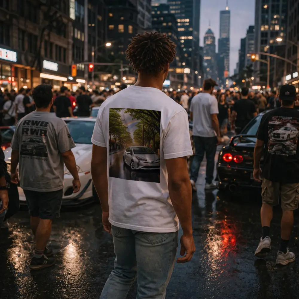 Toyota Prius Silver Wet Street Rainbow Sky – T-Shirts