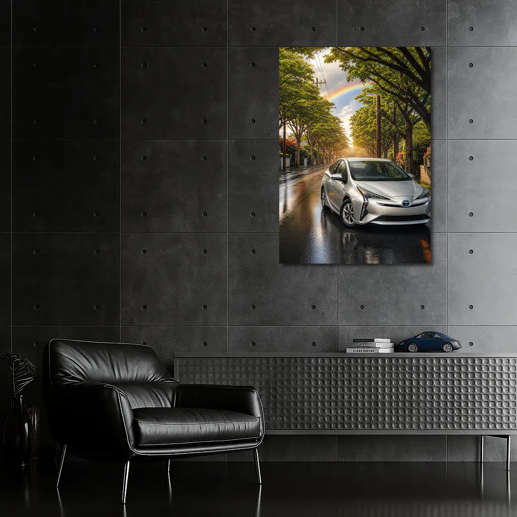 Toyota Prius Silver Wet Street Rainbow Sky – Wall Art