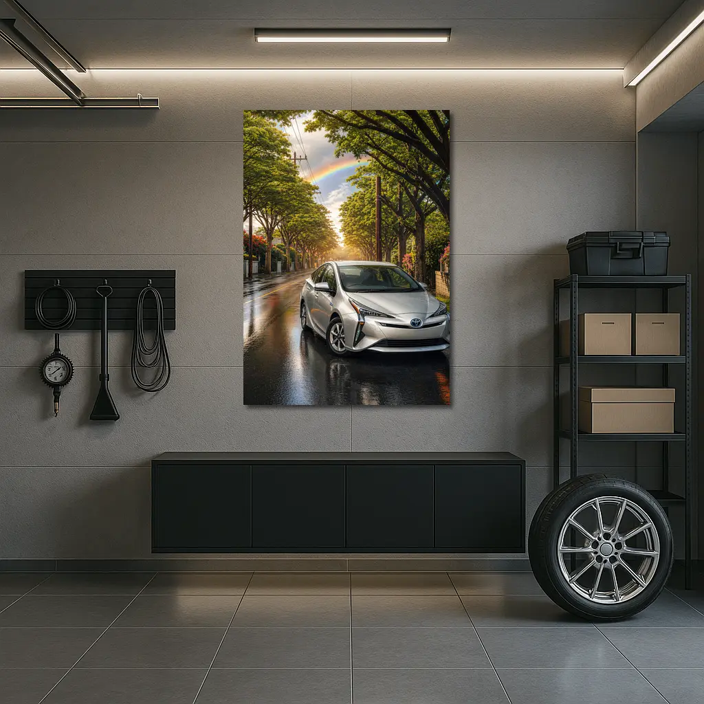 Toyota Prius Silver Wet Street Rainbow Sky – Wall Art