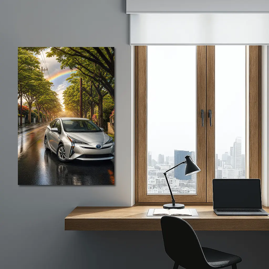 Toyota Prius Silver Wet Street Rainbow Sky – Wall Art