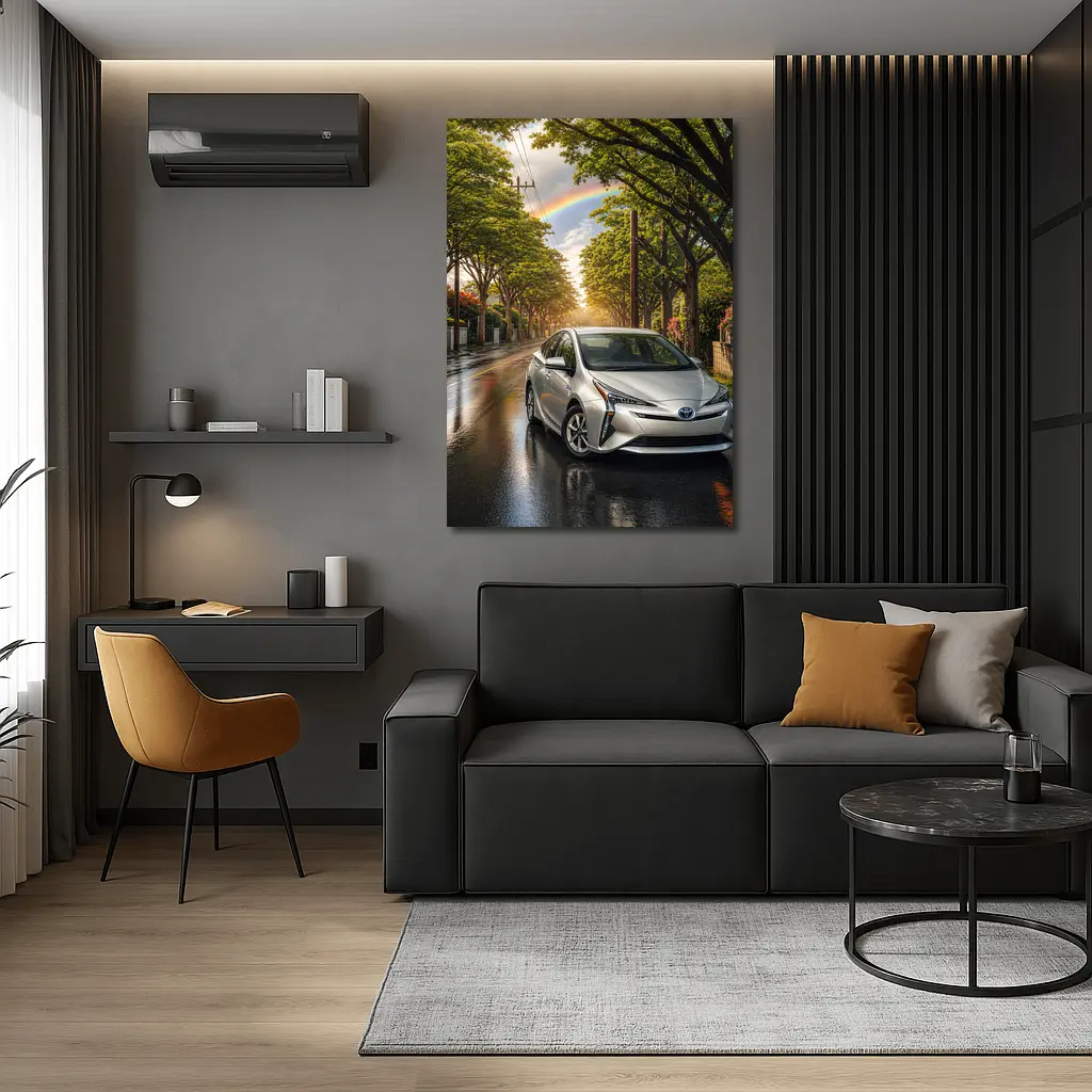 Toyota Prius Silver Wet Street Rainbow Sky – Wall Art