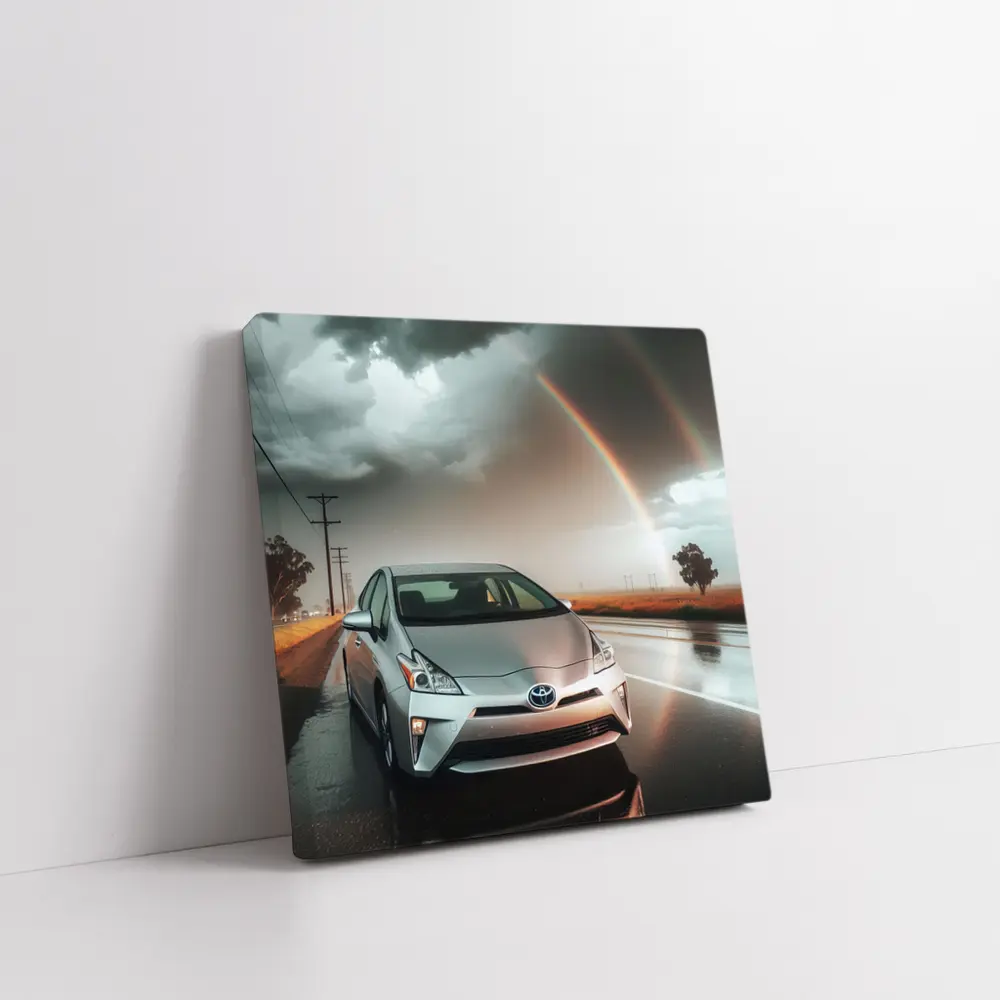 Toyota Prius Silver Car Rainy Road Rainbow – Wall Art