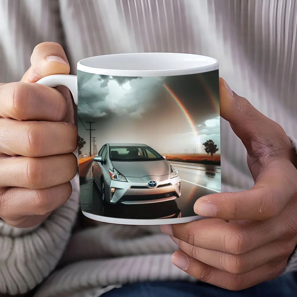 Toyota Prius Silver Car Rainy Road Rainbow – Mugs