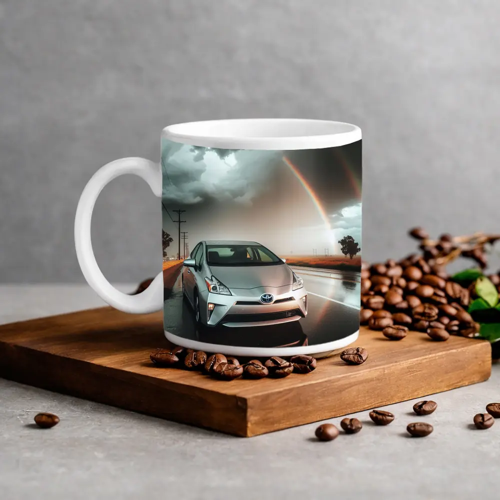 Toyota Prius Silver Car Rainy Road Rainbow – Mugs