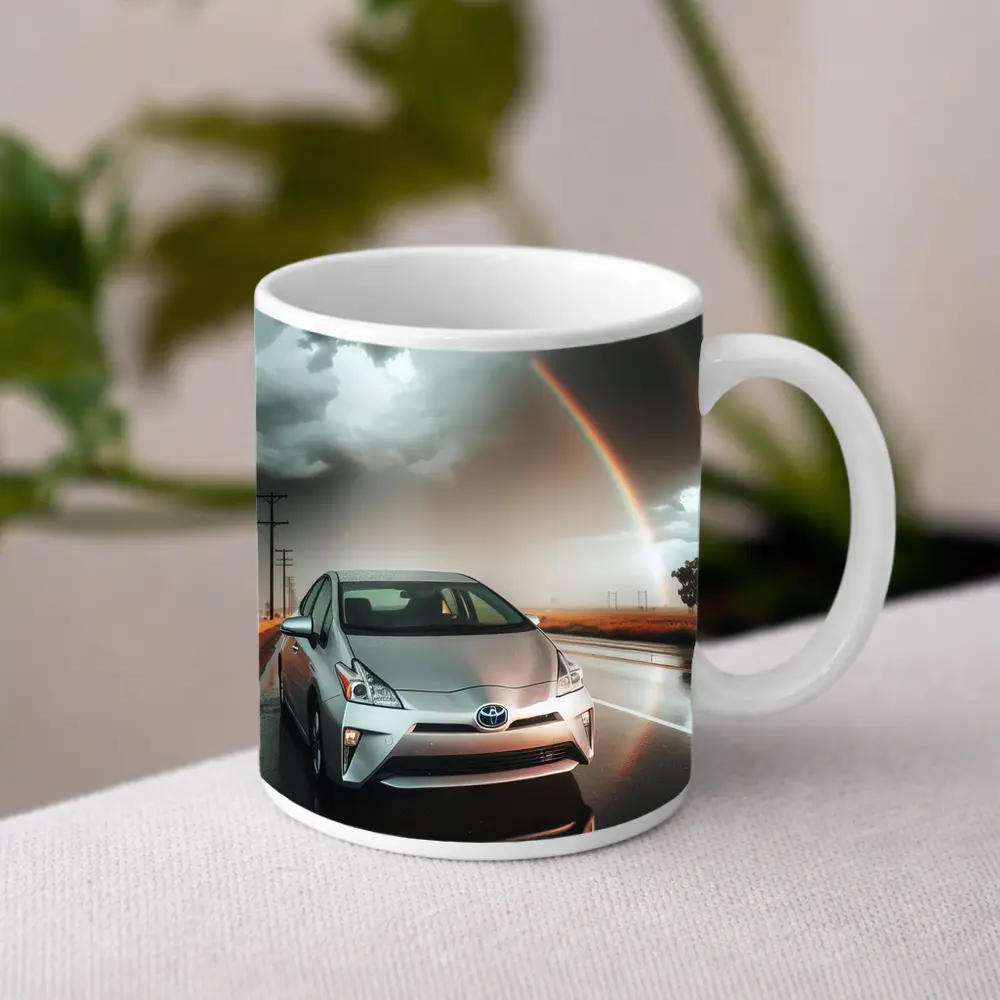 Toyota Prius Silver Car Rainy Road Rainbow – Mugs