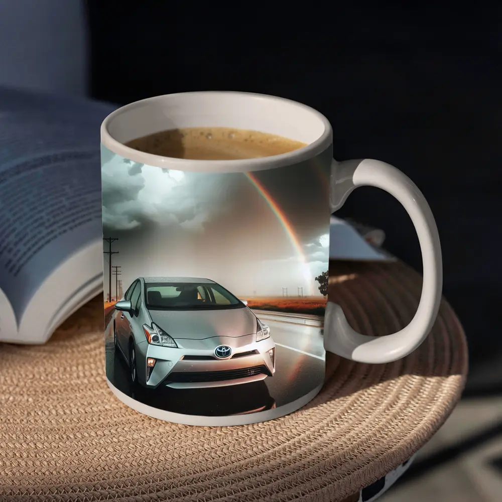 Toyota Prius Silver Car Rainy Road Rainbow – Mugs