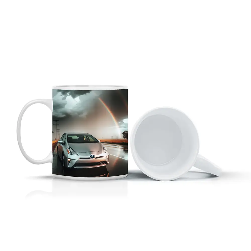 Toyota Prius Silver Car Rainy Road Rainbow – Mugs