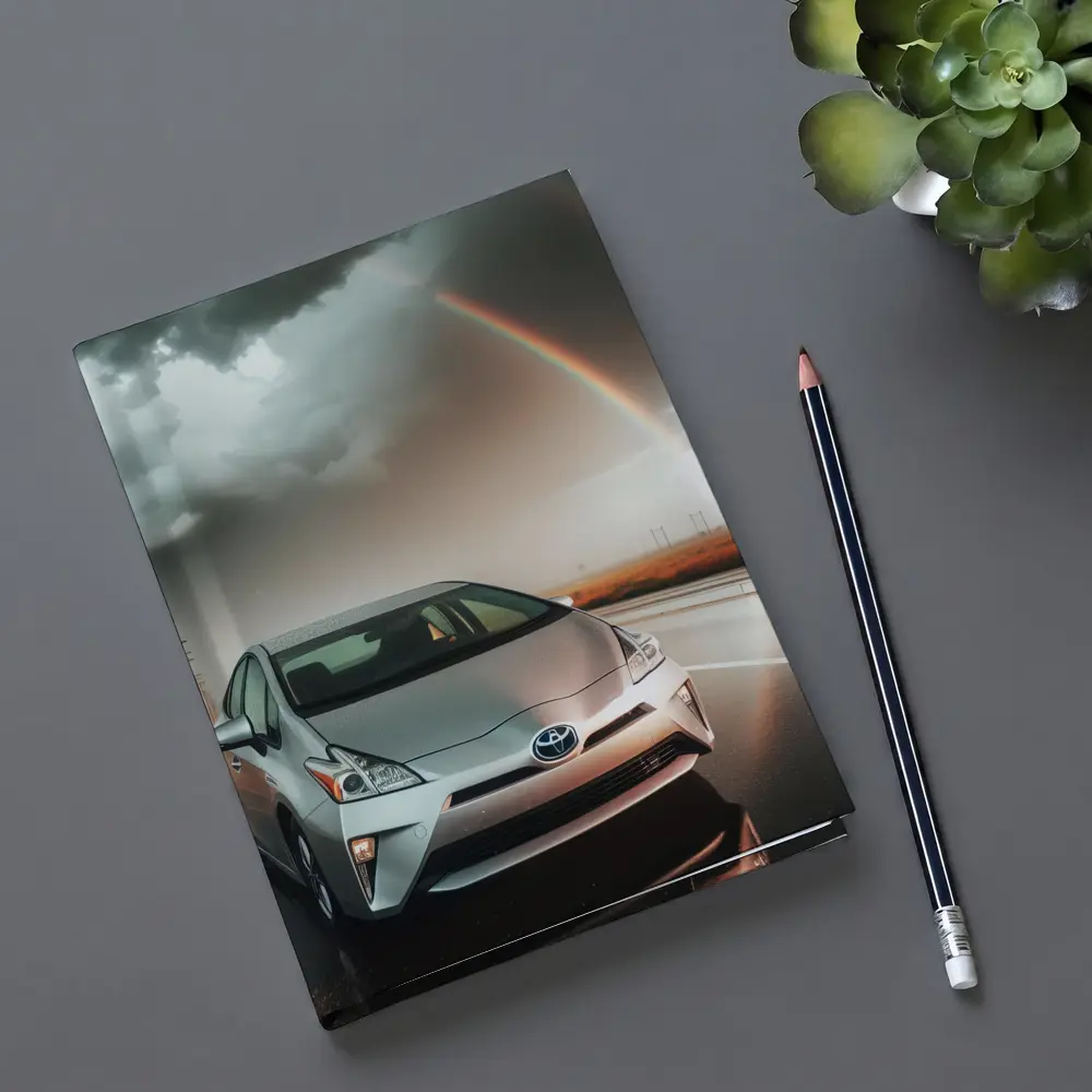 Toyota Prius Silver Car Rainy Road Rainbow – Notebooks