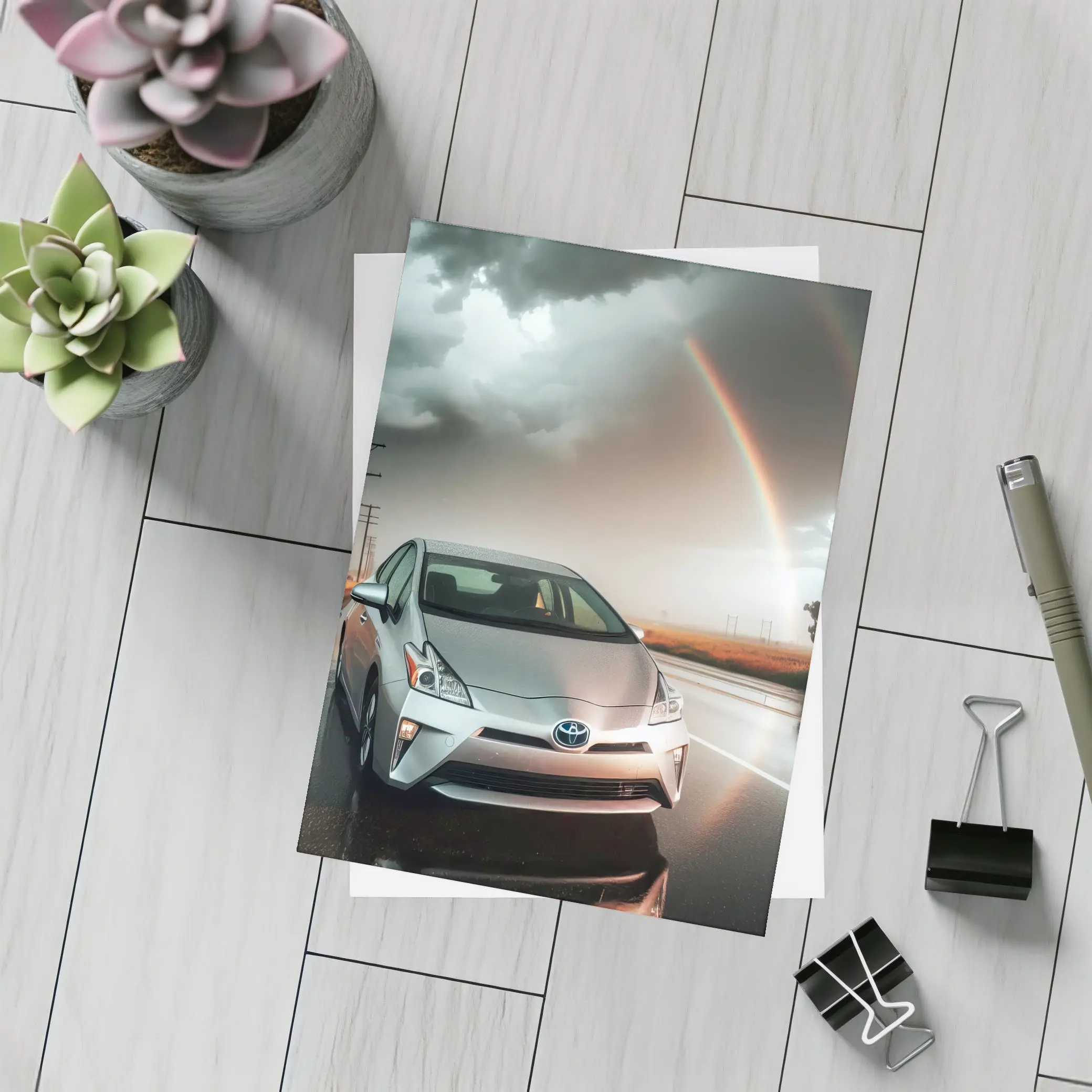 Toyota Prius Silver Car Rainy Road Rainbow – Postcards