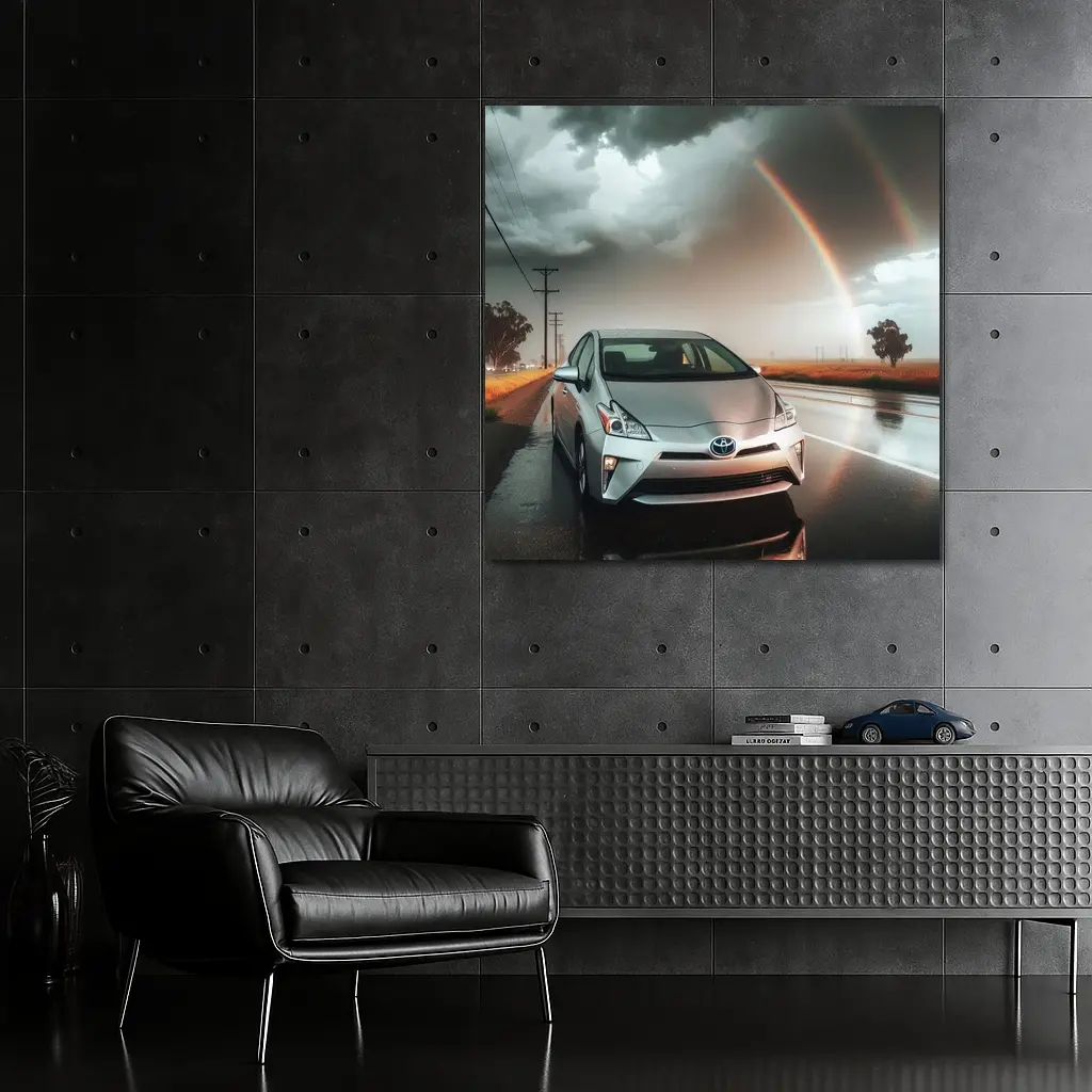 Toyota Prius Silver Car Rainy Road Rainbow – Wall Art