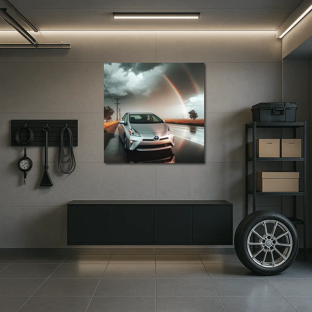 Toyota Prius Silver Car Rainy Road Rainbow – Wall Art