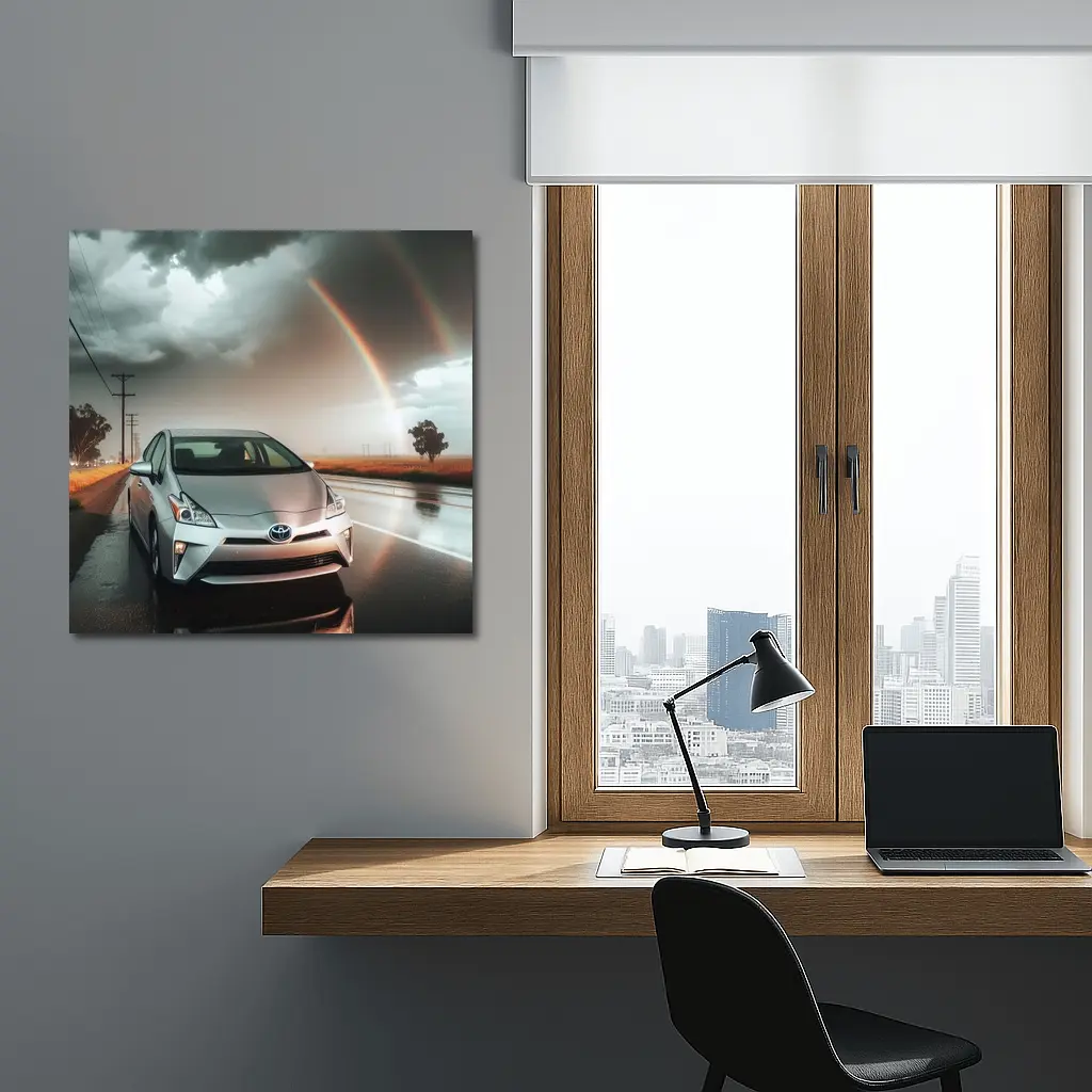 Toyota Prius Silver Car Rainy Road Rainbow – Wall Art