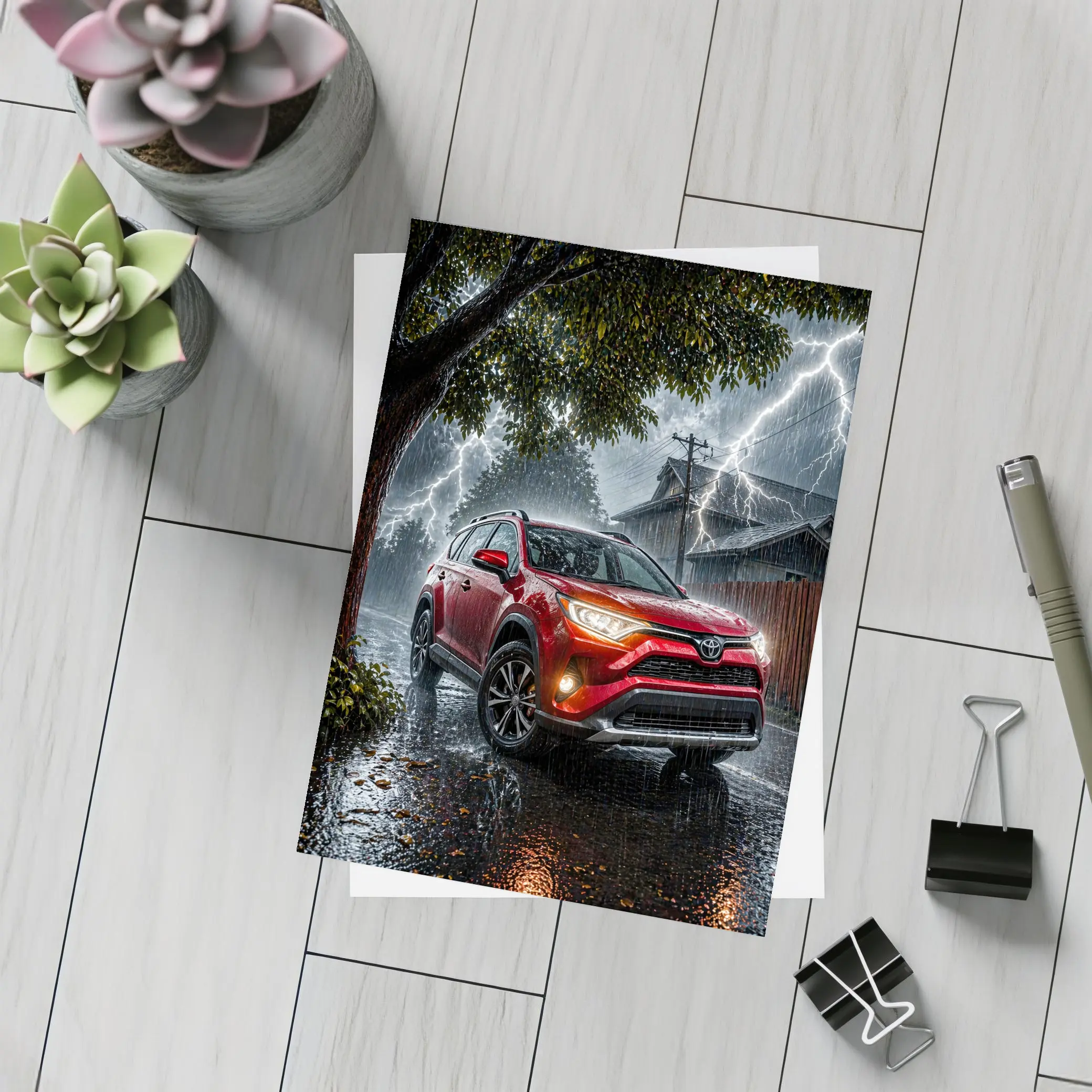 Toyota RAV4 Red SUV Lightning Storm – Postcards