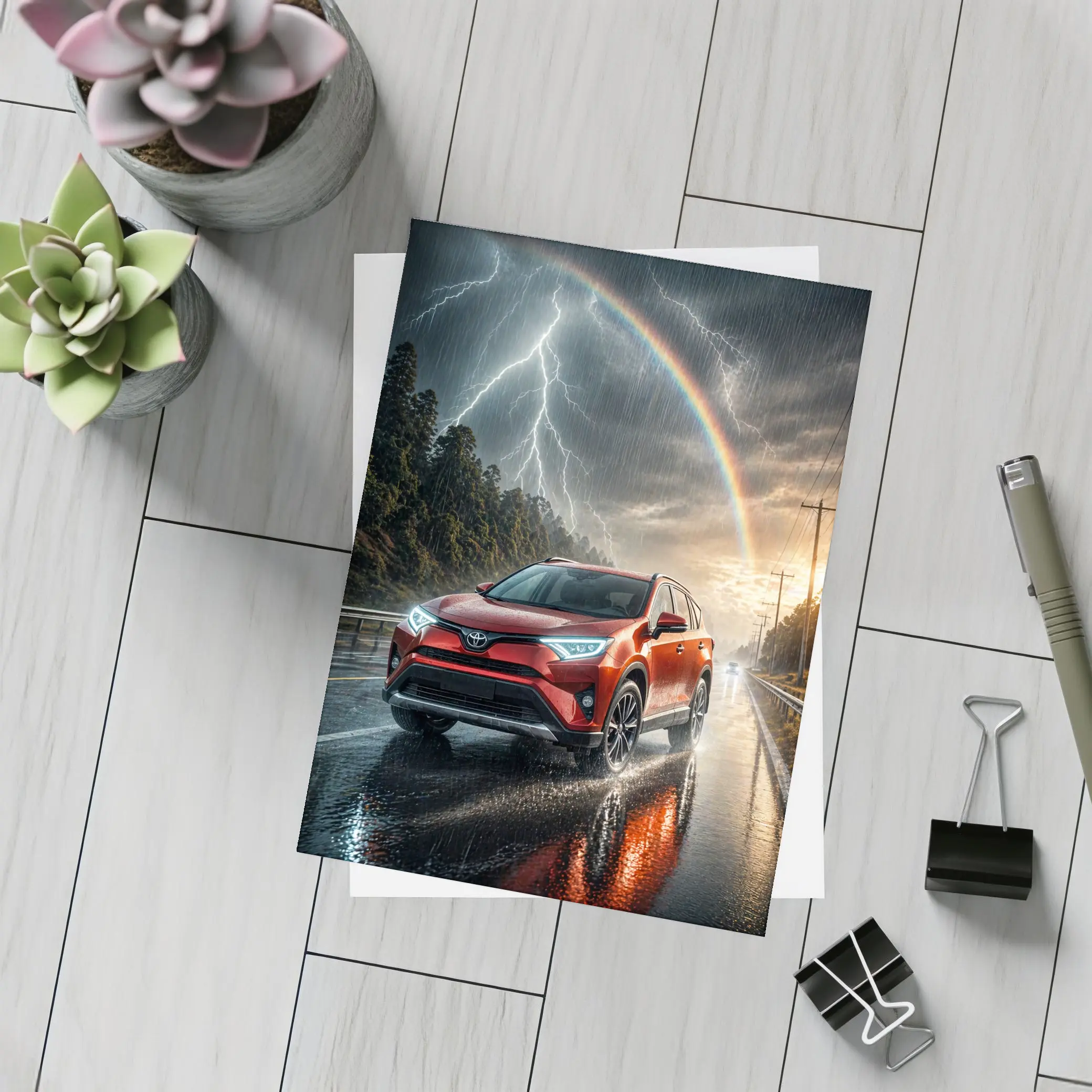 Toyota RAV4 Red SUV Stormy Rainbow Road – Postcards