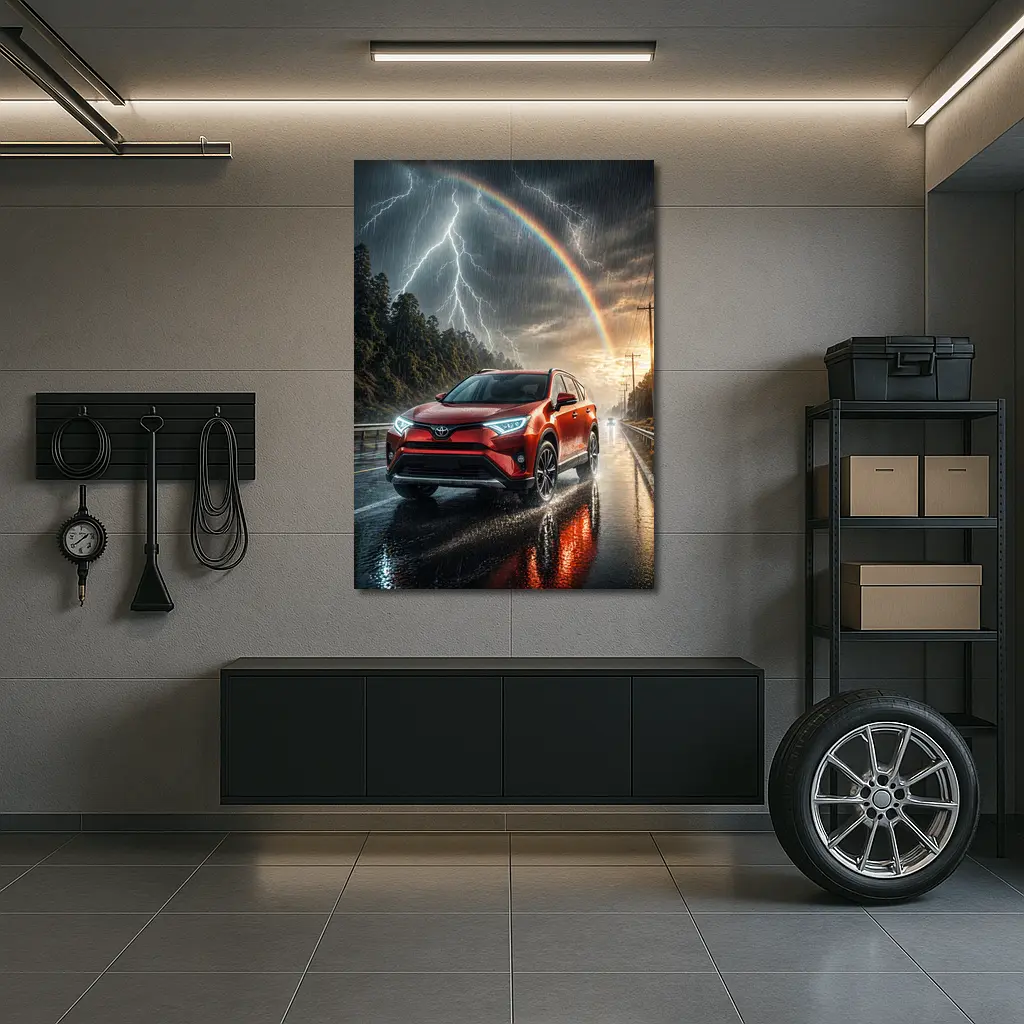 Toyota RAV4 Red SUV Stormy Rainbow Road – Wall Art