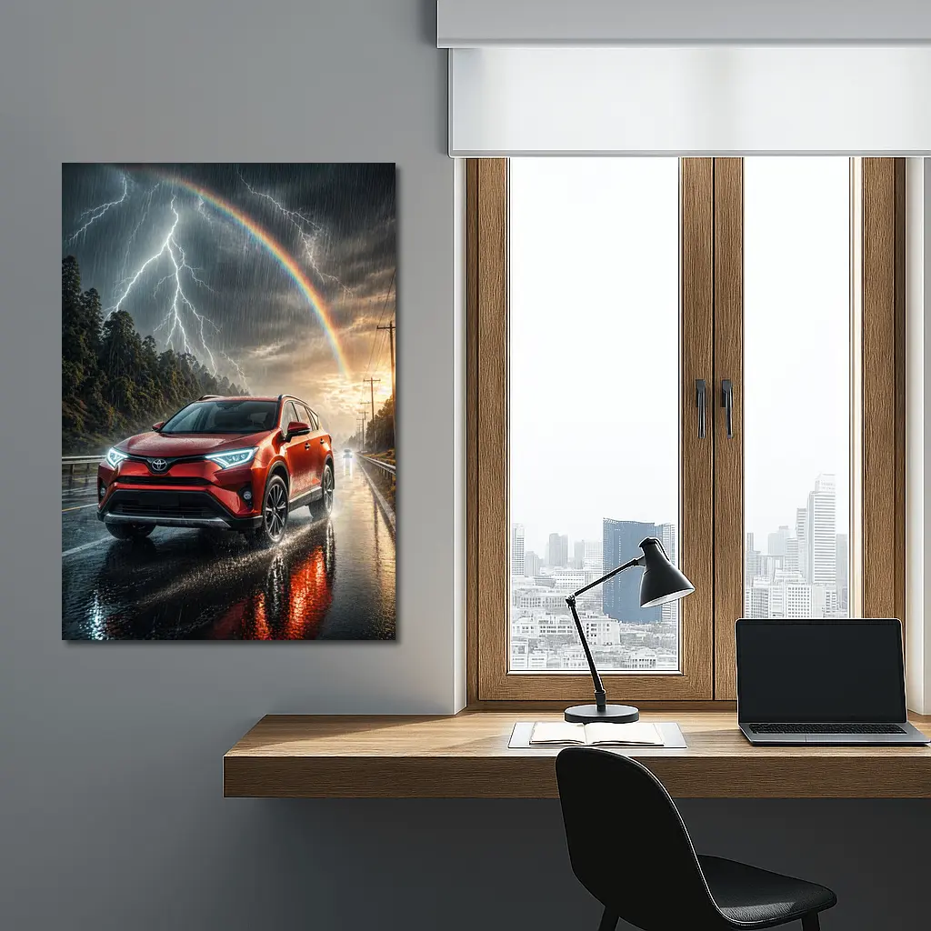 Toyota RAV4 Red SUV Stormy Rainbow Road – Wall Art