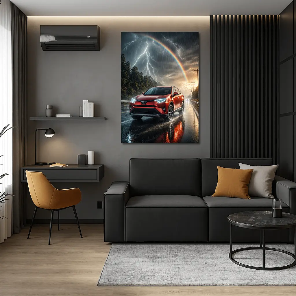 Toyota RAV4 Red SUV Stormy Rainbow Road – Wall Art