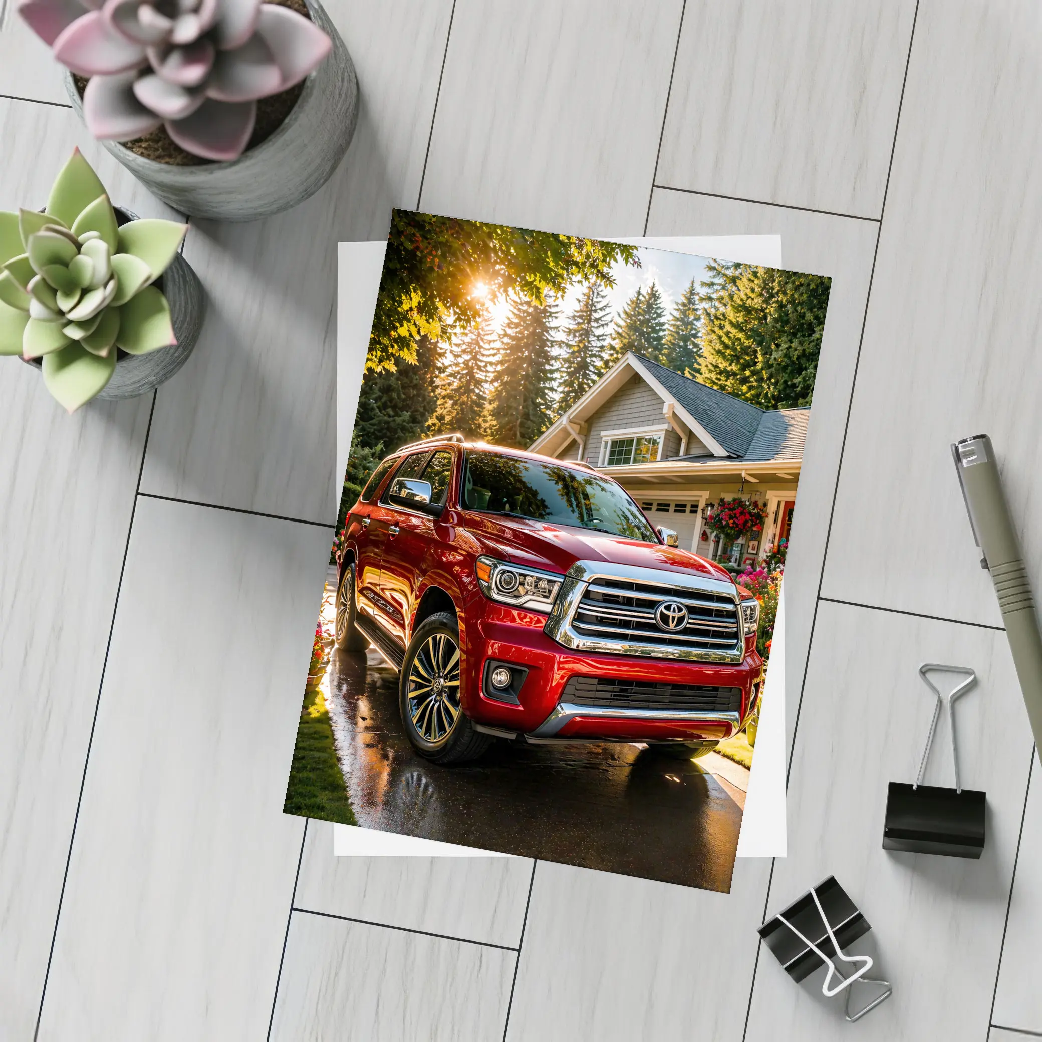 Toyota Sequoia Red SUV Suburban Driveway – Postcards