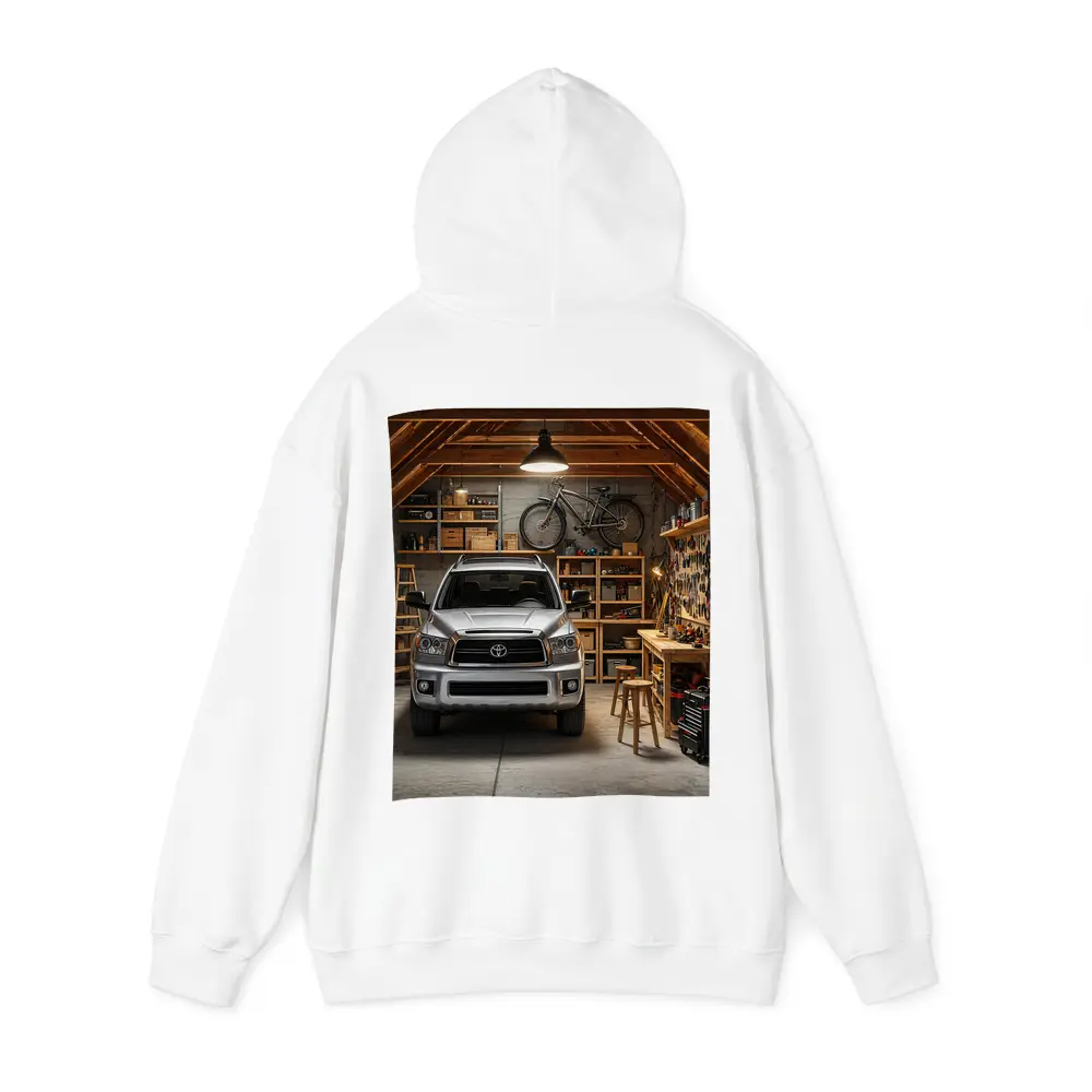Toyota Sequoia Parked Inside Rustic Garage – Hoodies