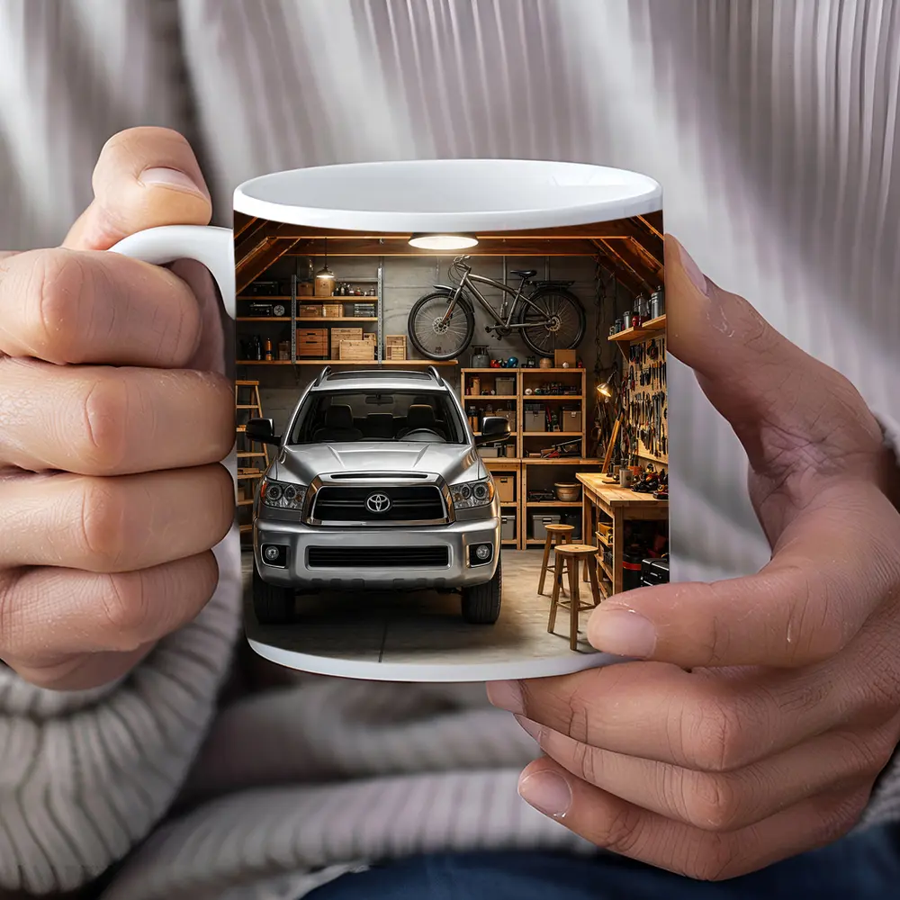 Toyota Sequoia Parked Inside Rustic Garage – Mugs