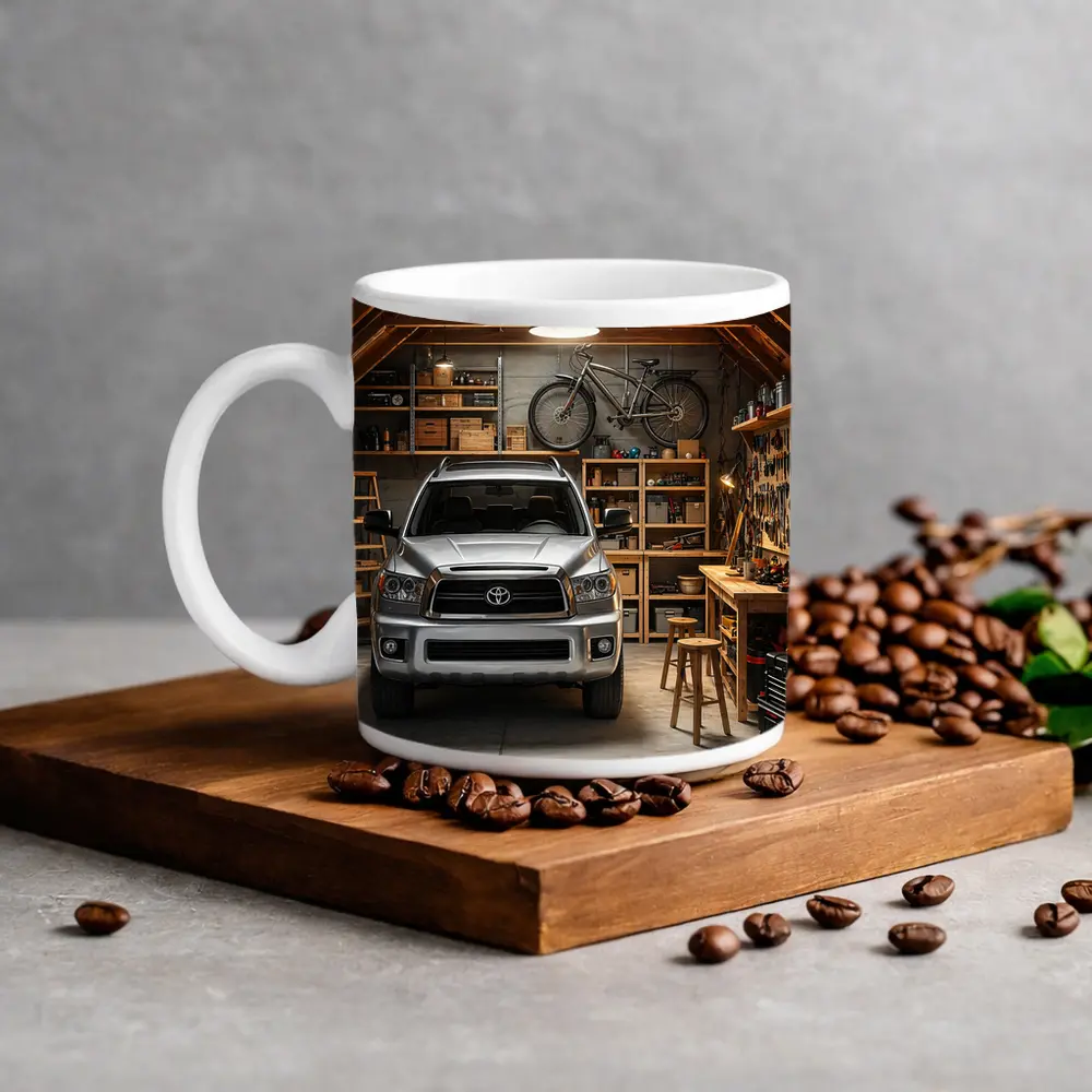Toyota Sequoia Parked Inside Rustic Garage – Mugs