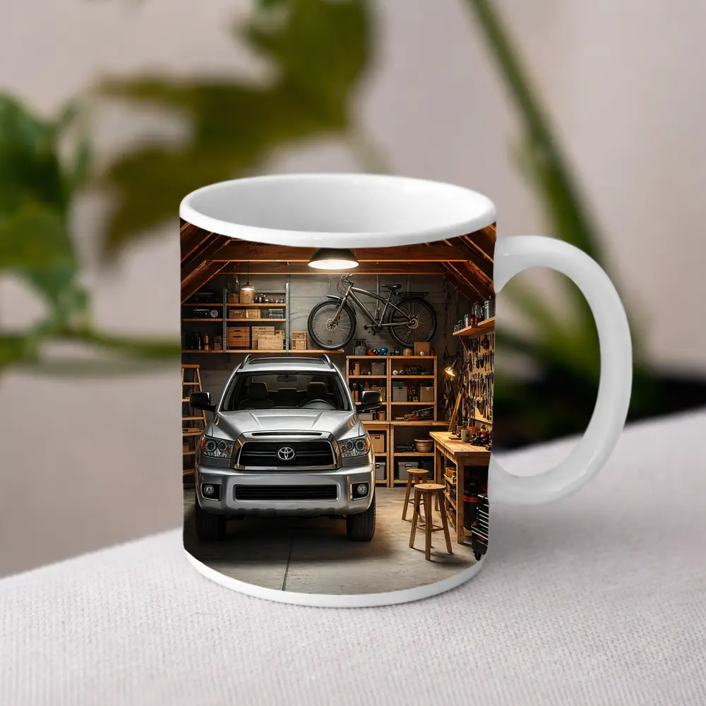 Toyota Sequoia Parked Inside Rustic Garage – Mugs