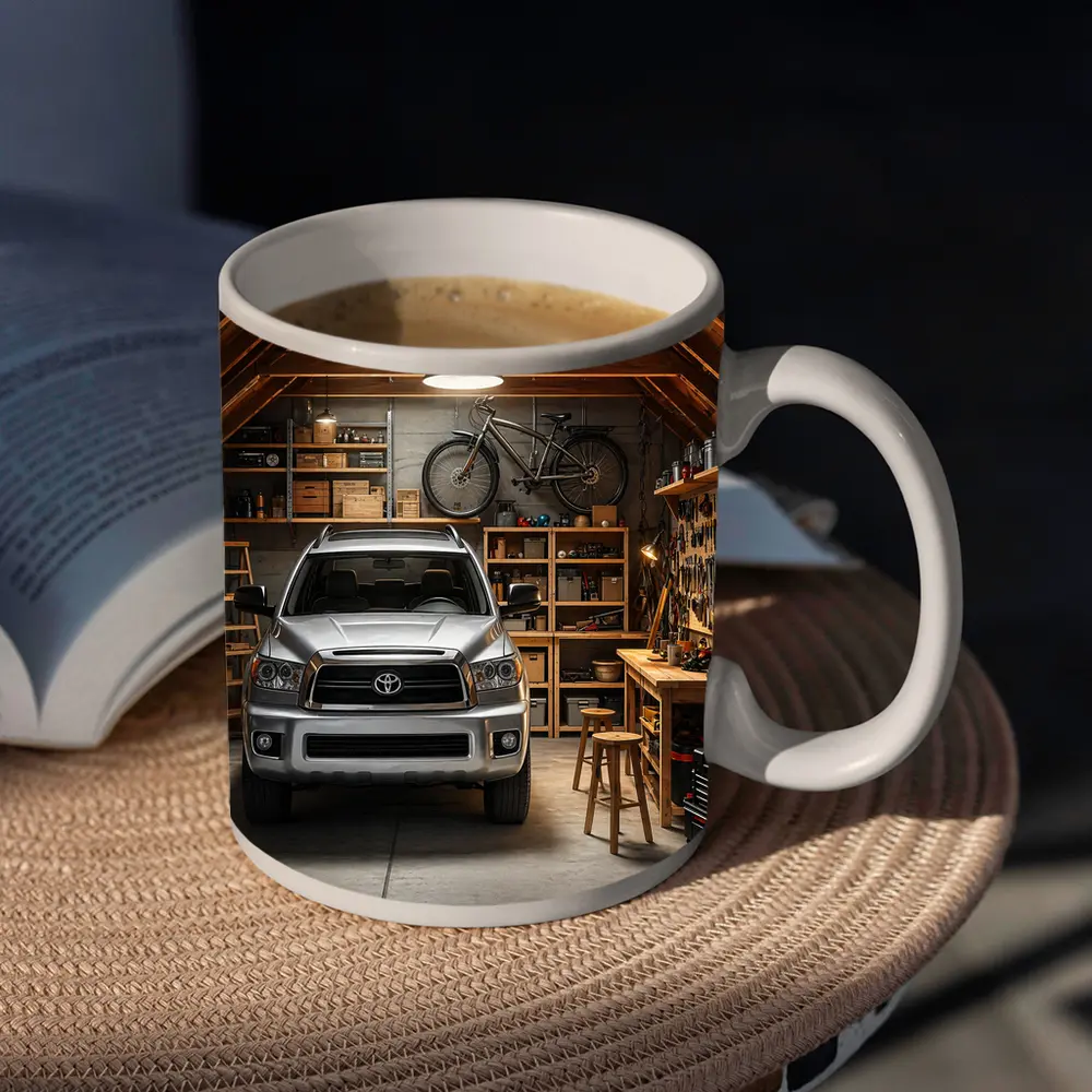 Toyota Sequoia Parked Inside Rustic Garage – Mugs