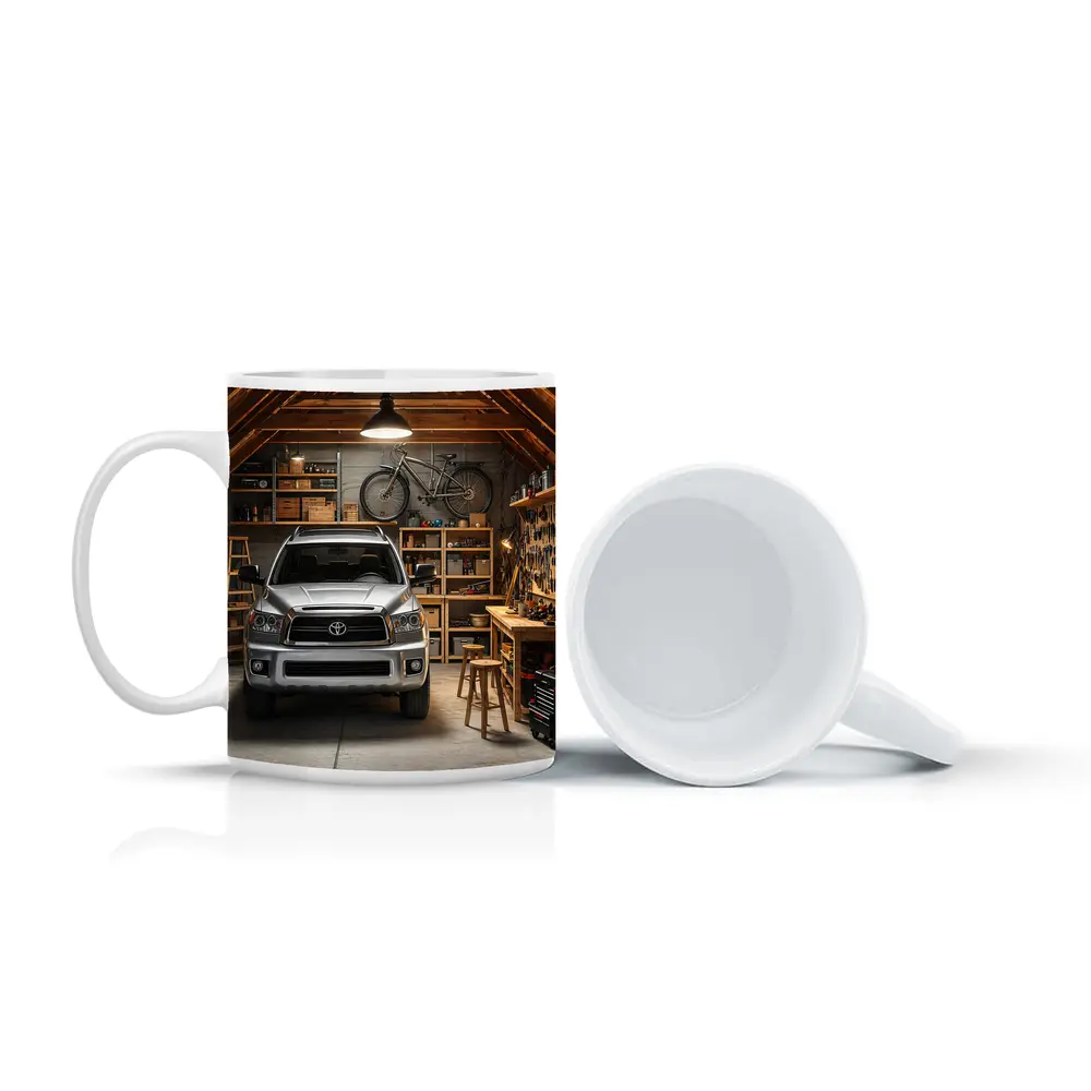 Toyota Sequoia Parked Inside Rustic Garage – Mugs