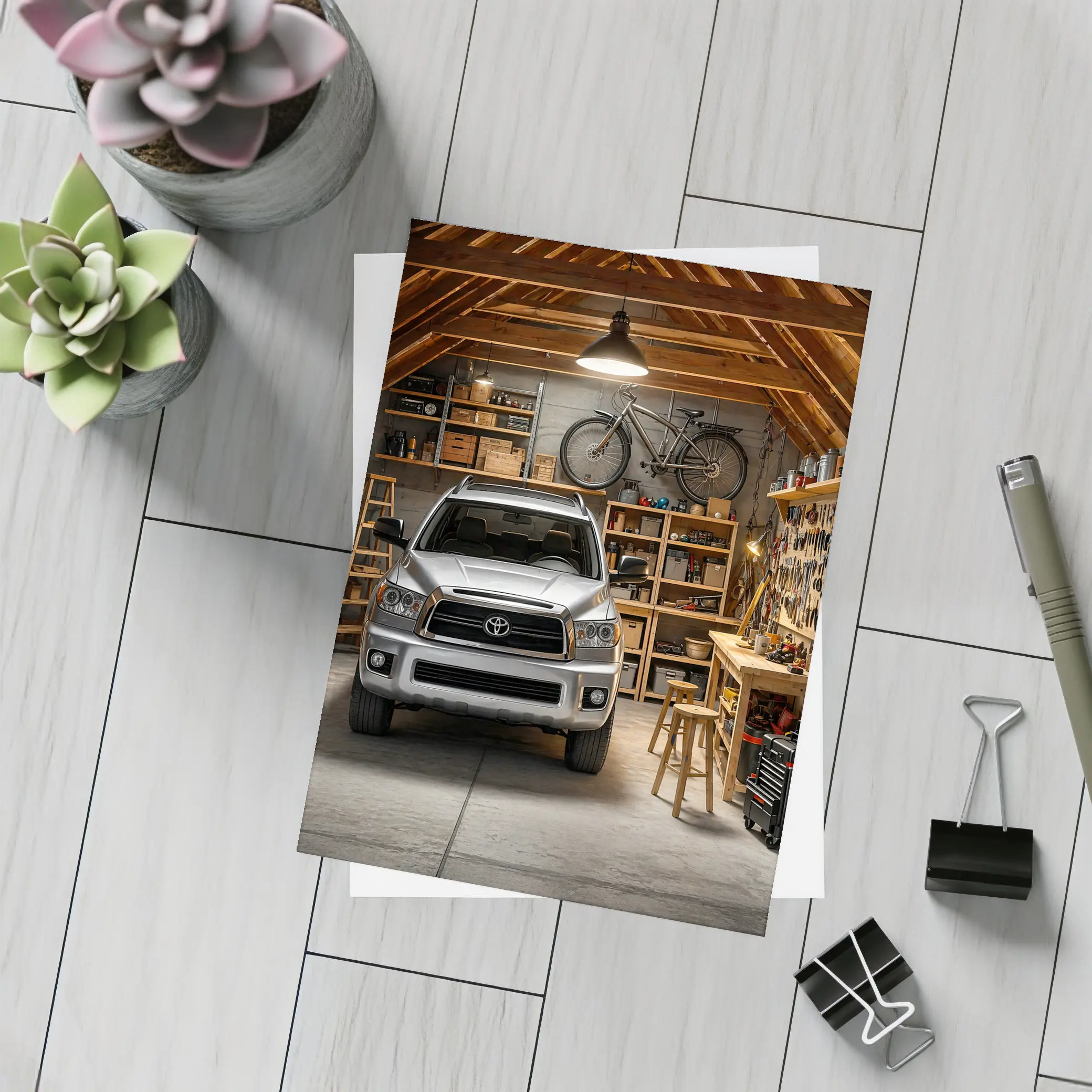 Toyota Sequoia Parked Inside Rustic Garage – Postcards